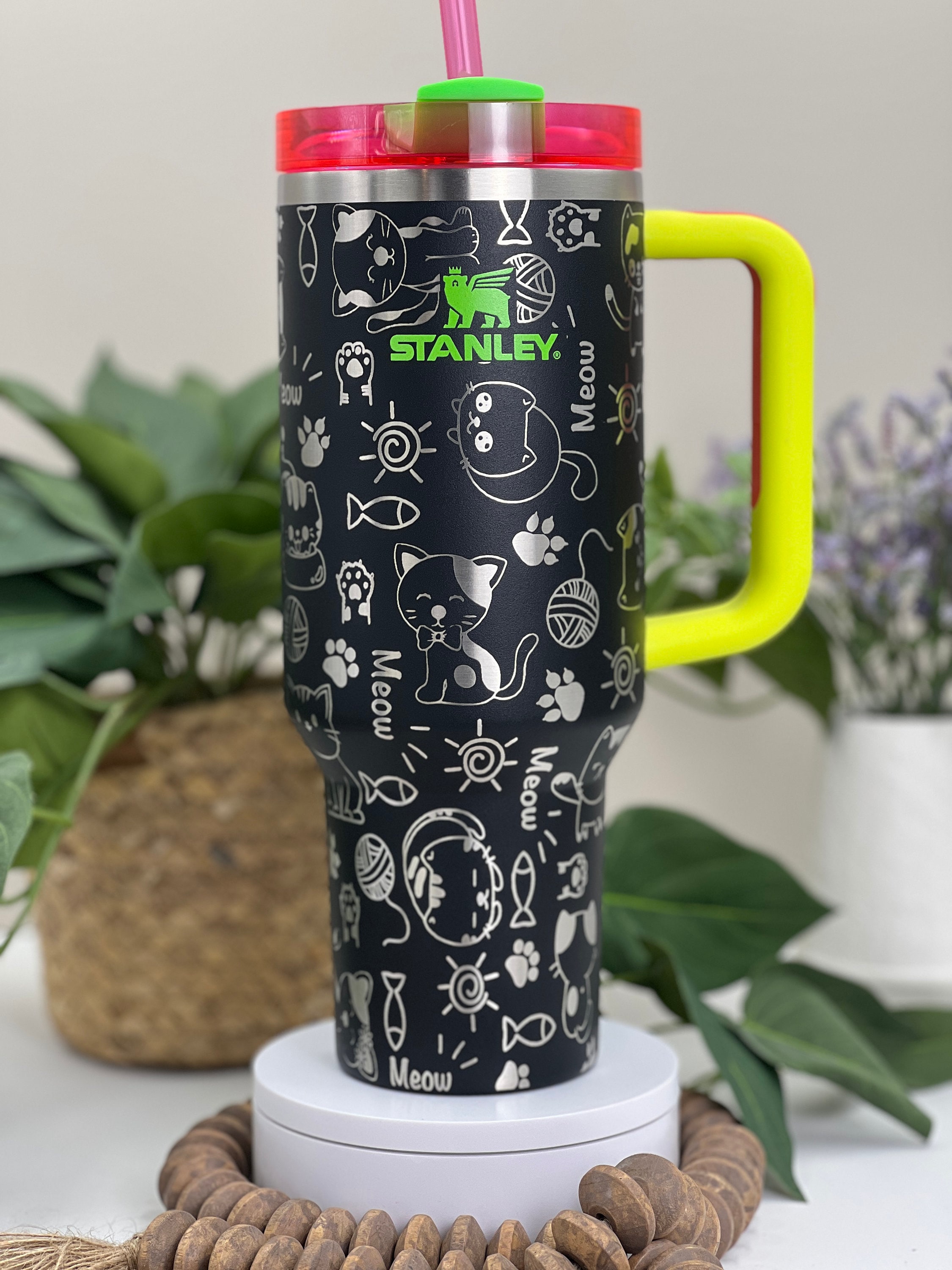 Cat Doodles Laser Engraved 40oz Tumbler with Handle Lid and Straw, Custom Engraved Seamless Tumbler, Double Wall Insulated Cup