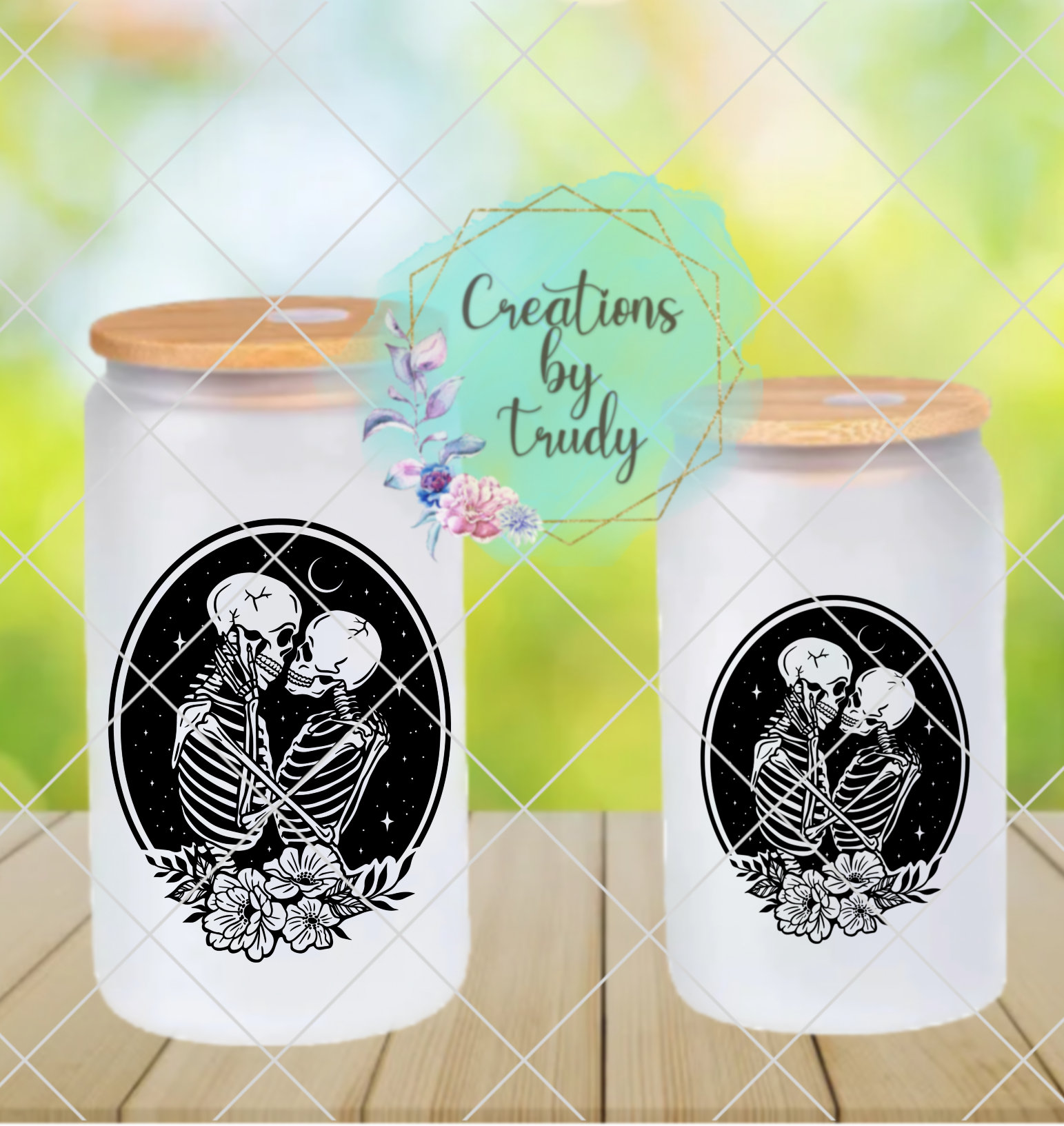 Skeleton lovers- frosted can shaped glass with lid and straw