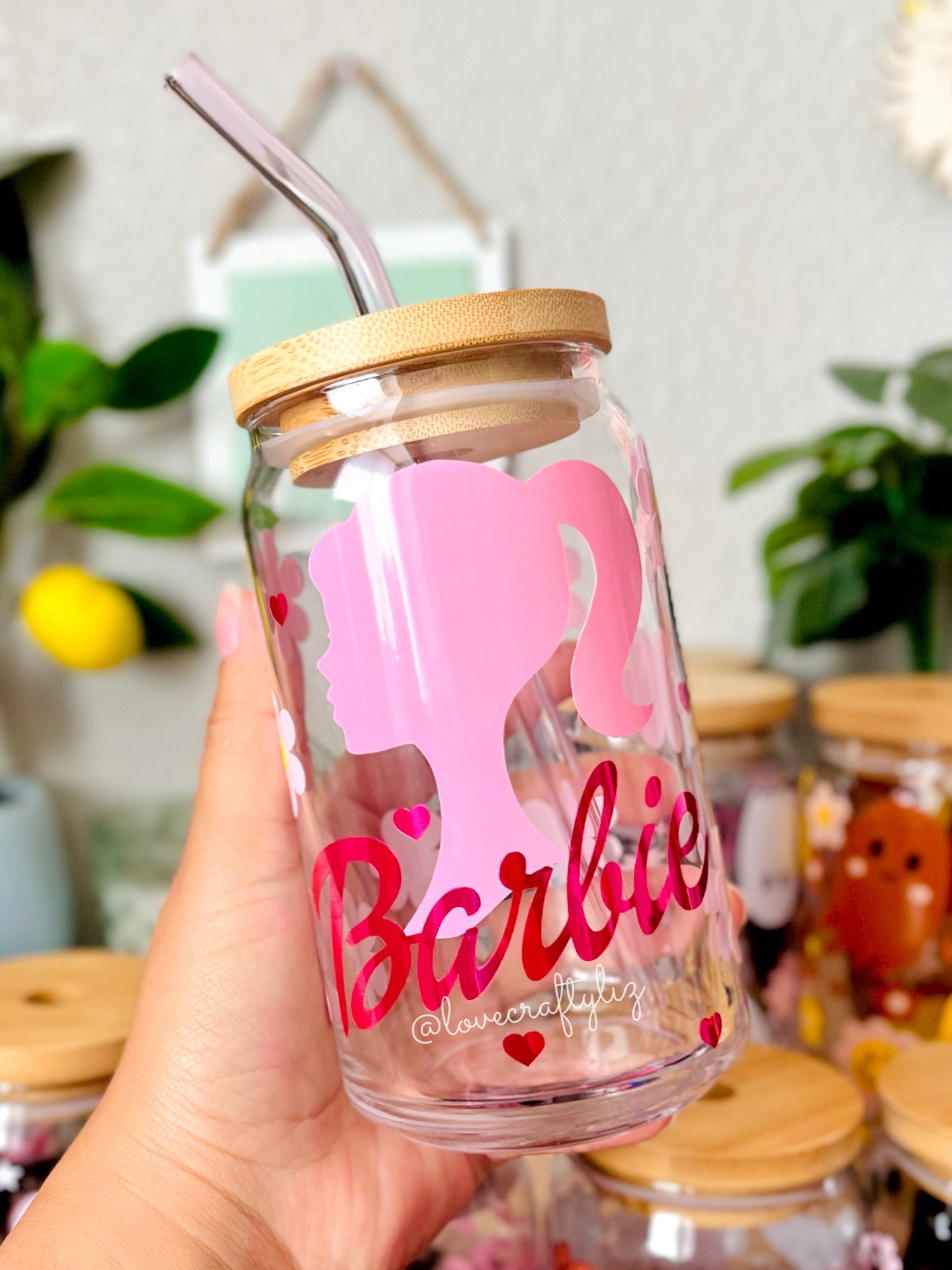 Barbie Floral Daisies 16 oz Beer Can Glass | Summer Spring Cup | Self Love | Iced Coffee | Halloween | Strawberry | Gift | Ken Doll | Pink