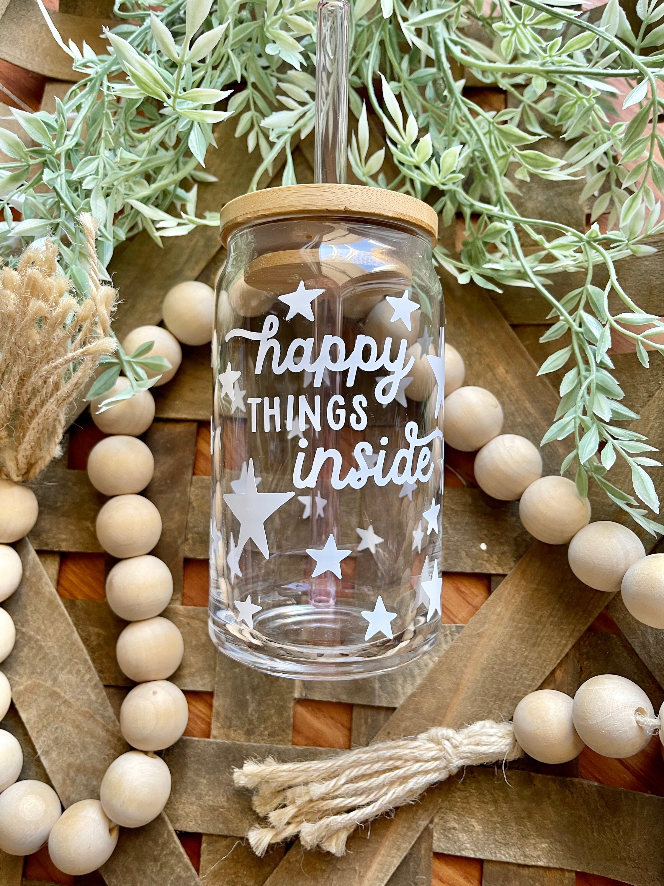 Happy things inside Beer Can Glass | Gifts for her | Best Friend gifts | Star coffee glass | hippie vibes| happy vibes