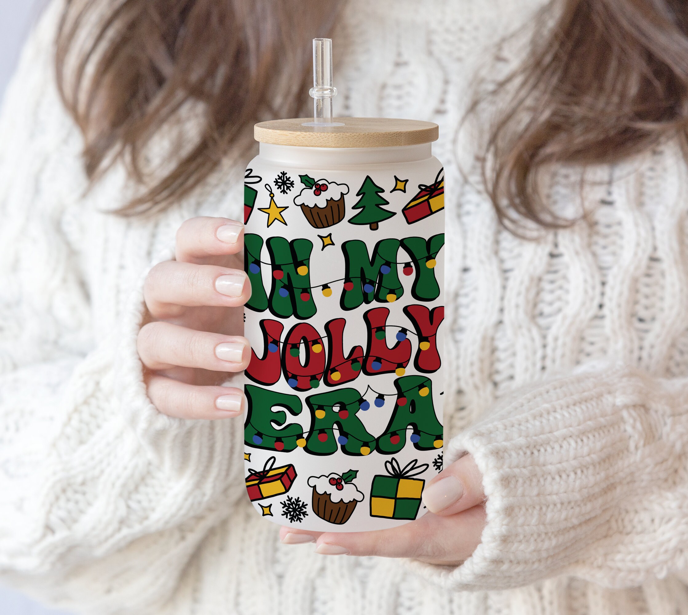 16 oz Libbey Glass Can Sublimation In My Jolly Era| Chirstmas Magic | Santa Hat Reindeer Snowflake | Winter Theme SVG PNG Cricut Digital