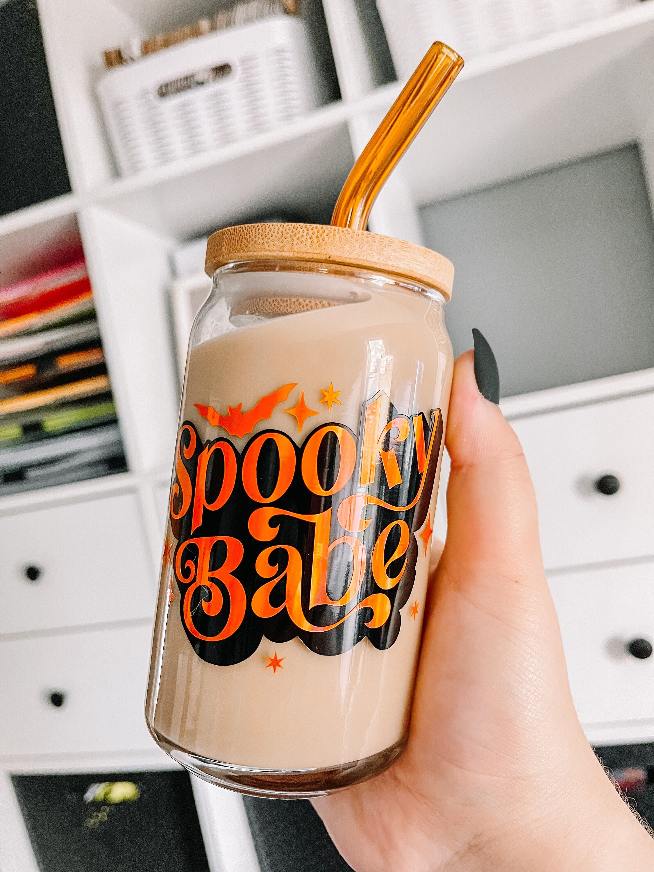 Spooky Babe Iced Coffee Glass, Halloween Iced Coffee Glass, Spooky Vibes, Halloween Tumbler, Boho Glass Can, Aesthetic Glass Can