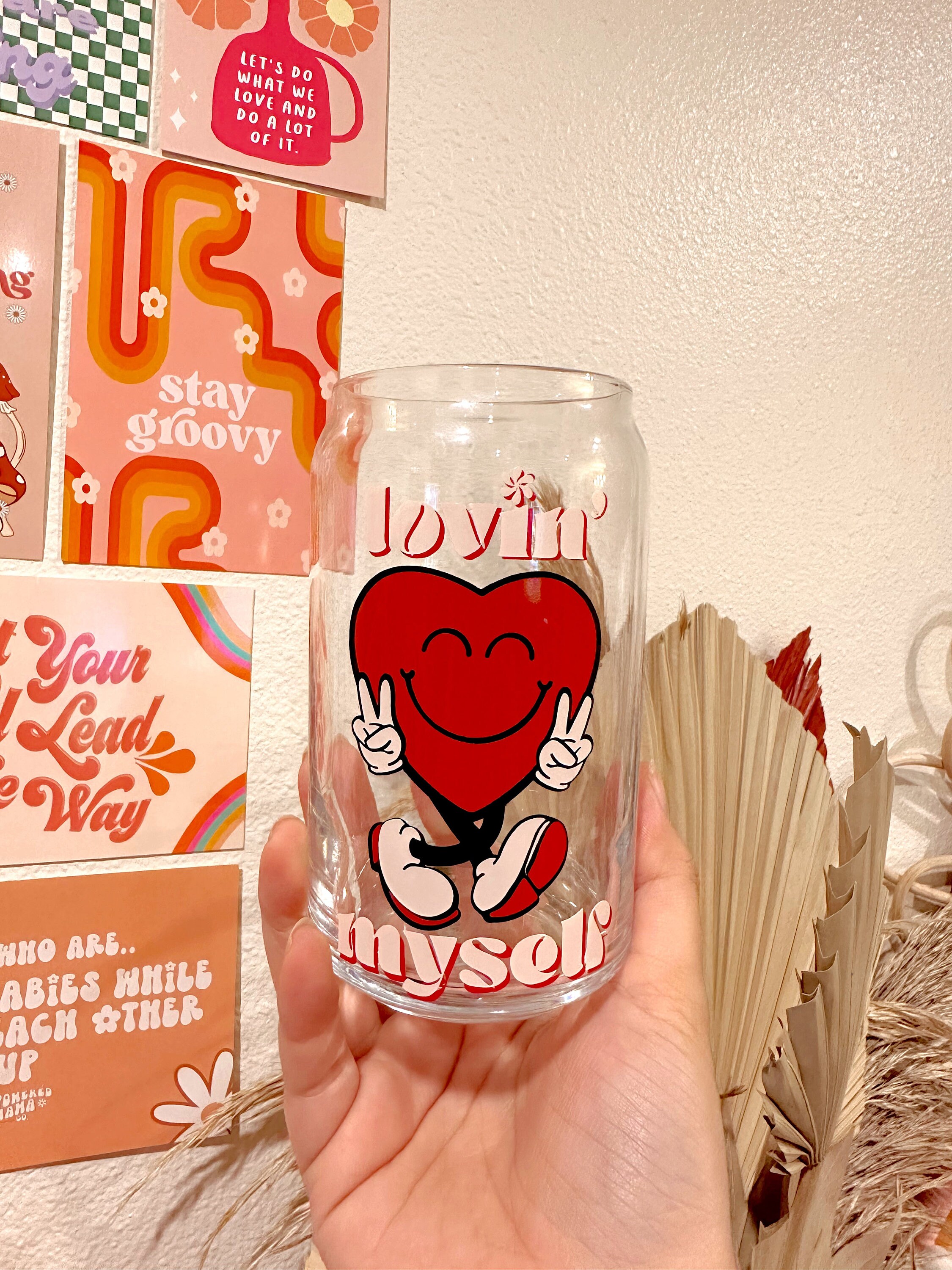 Lovin Myself Glass Cup, Valentines Cup, Retro Character Cup, Trendy Cup, Pink Cup, Love Glass Cup