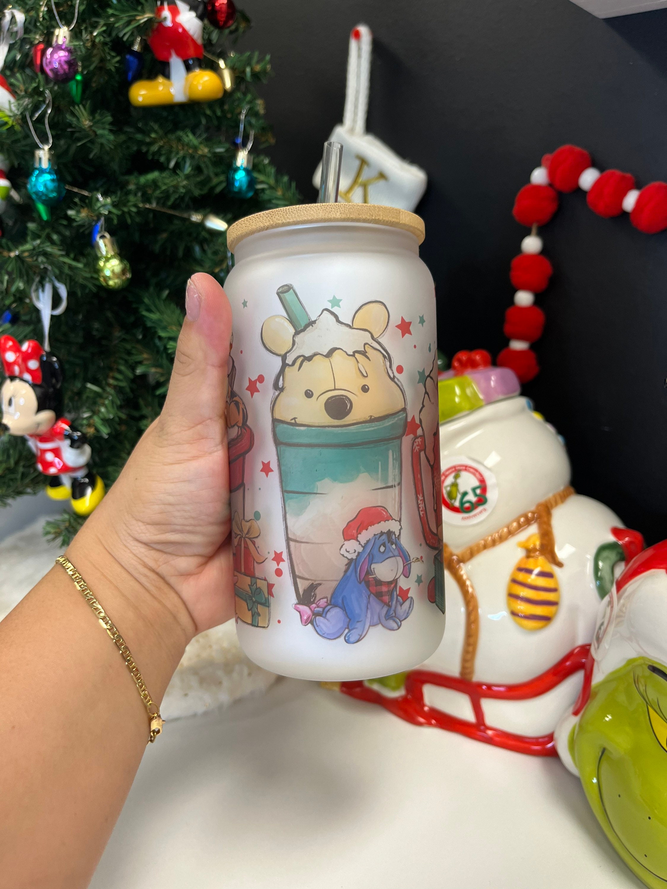 Winnie the Pooh and friends Christmas, Custom frosted glass can , Frosted glass can