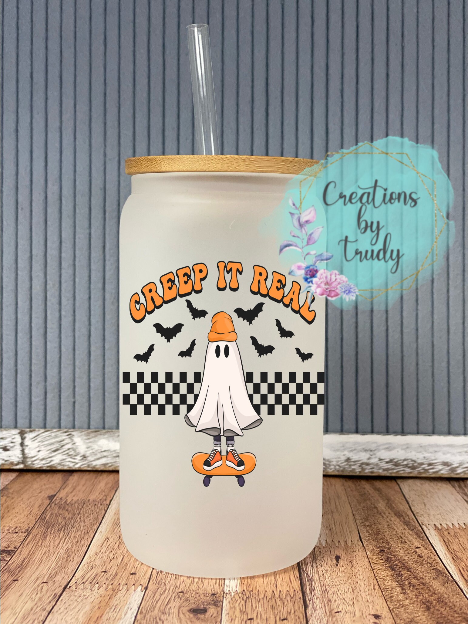 Creep it real- frosted can shaped glass with lid and straw