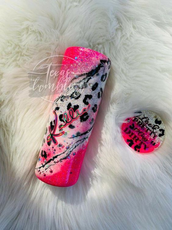 Hot Pink Leopard Print Glitter Tumbler, Neon Cheetah Print Tumbler