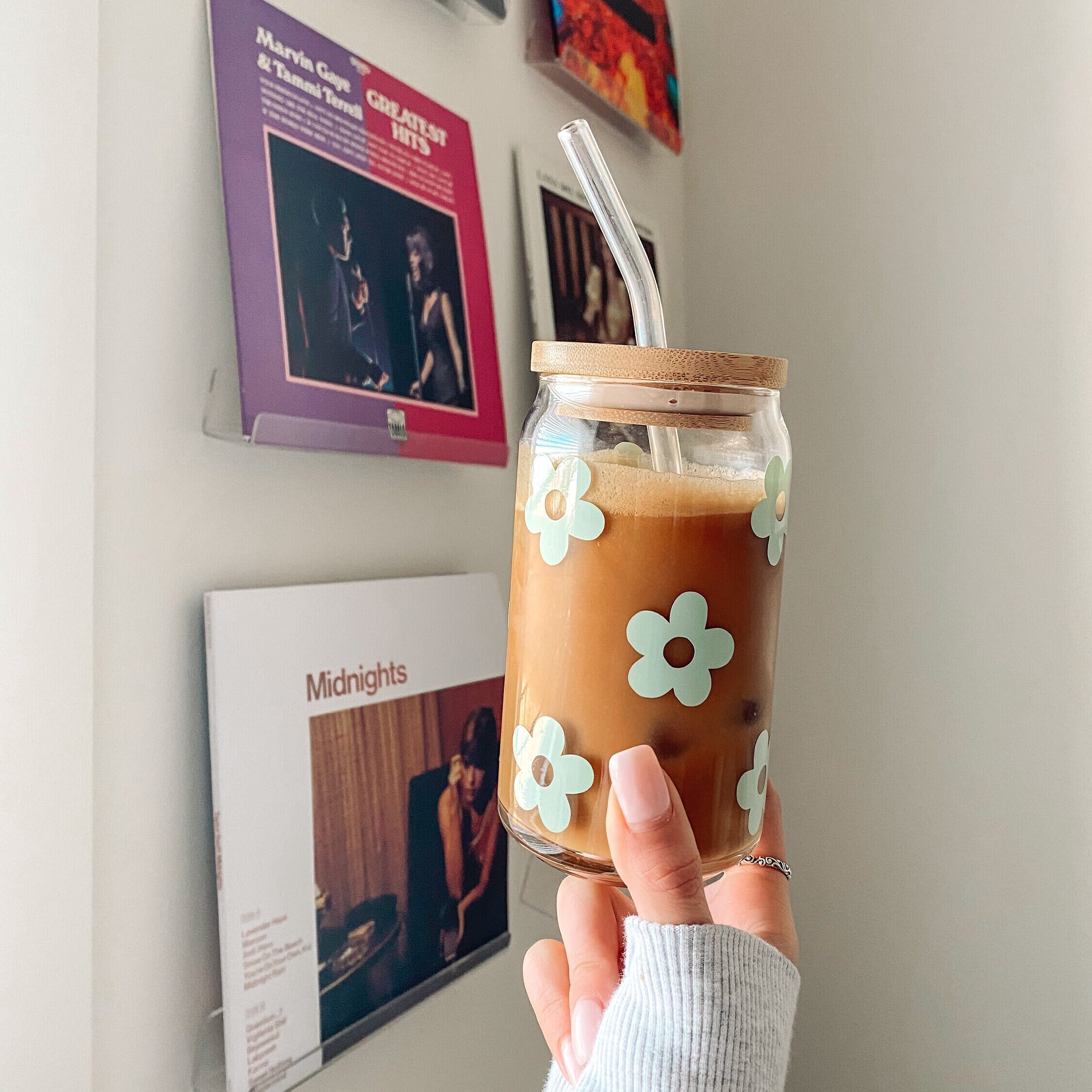 Retro Flower Patterned Glass Cup, Iced Coffee Glass Cup, Holiday Gift Idea, Christmas Gift Idea