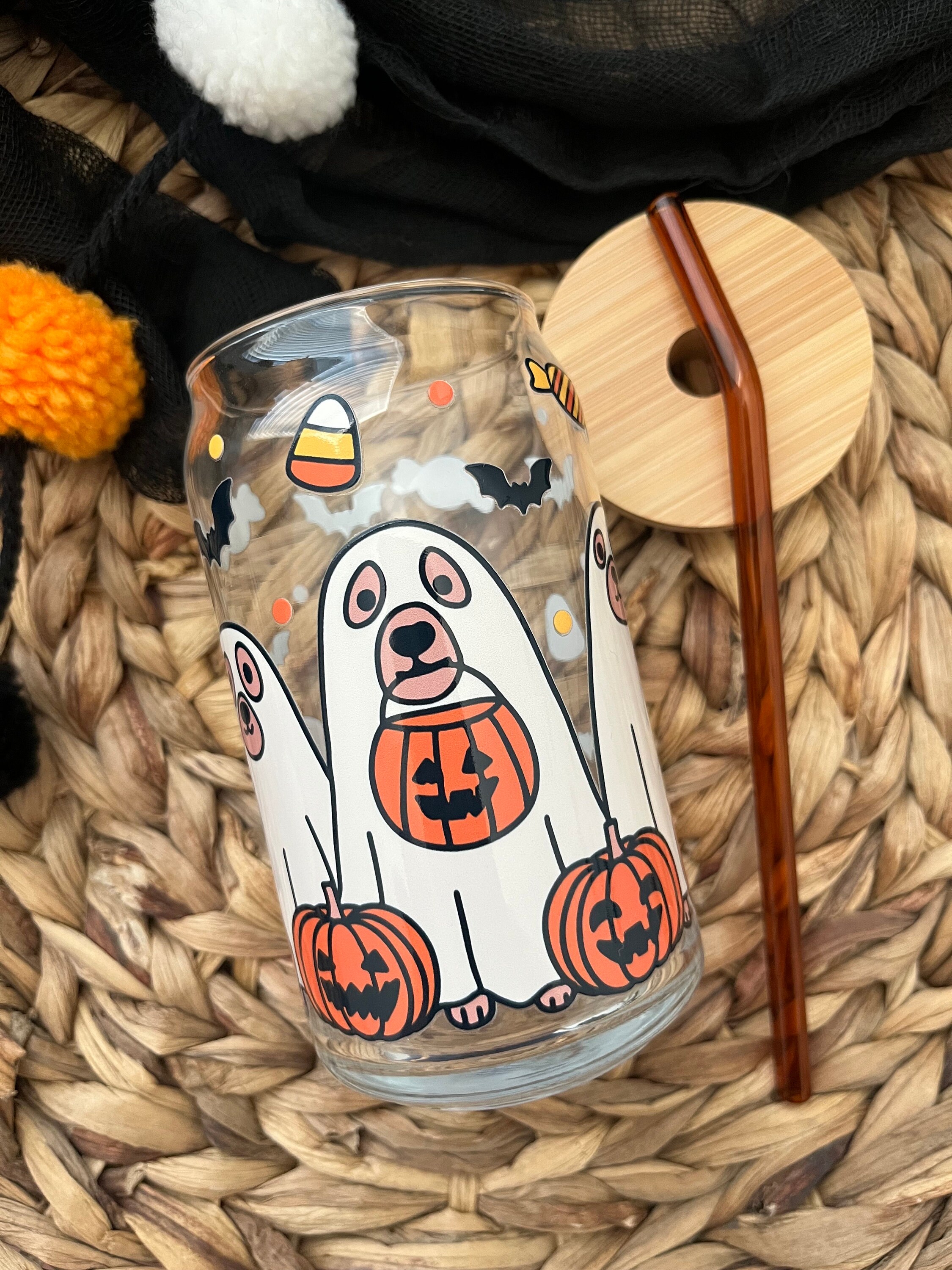 Dog Ghosts Glass Cup / Halloween Glass Cup / Iced Coffee Glass / Beer Can Glass Cup / Spooky Glass Cup / Halloween Cup / Dog Mama Glass