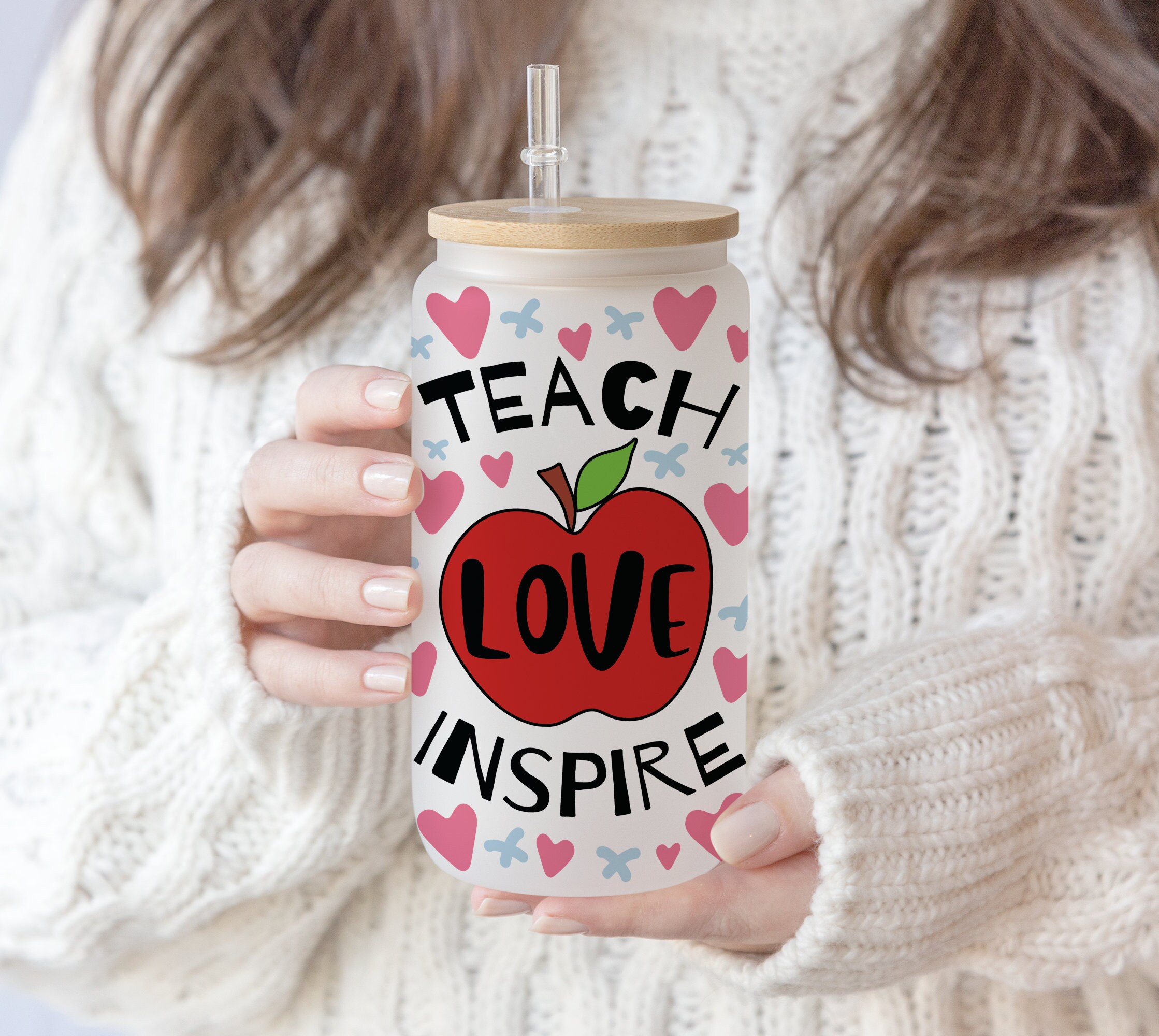 16 oz Libbey Glass Can Tumbler Sublimation Cute Gift for Teacher | Funny Quote Teach Love Inspire Teacher | Teacher Student PNG file