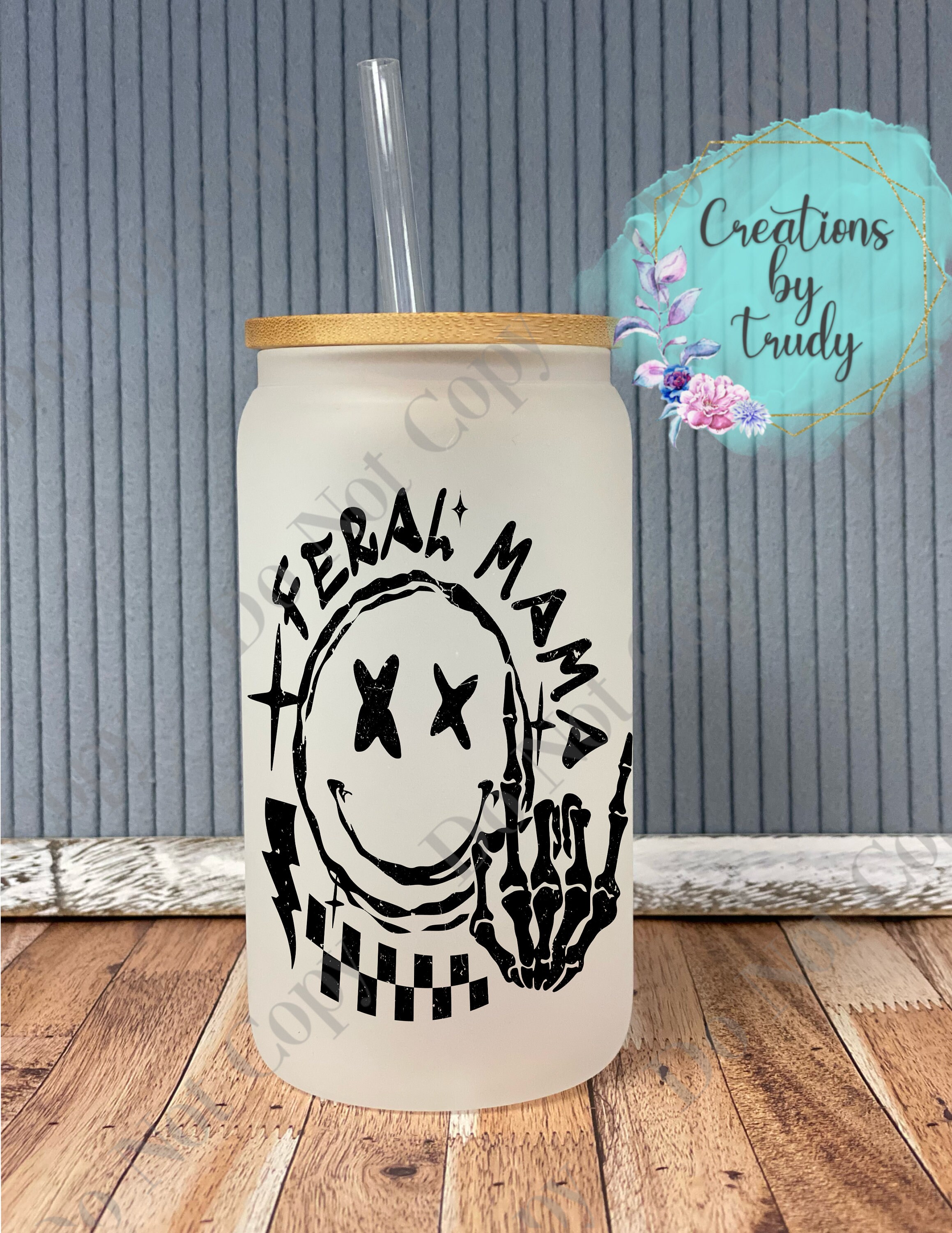 Feral mama- frosted can shaped glass with lid and straw