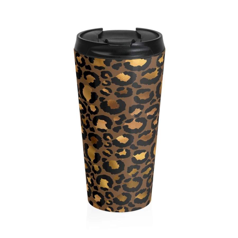 Stainless Steel Travel Mug, Cheetah Print Travel Mug, All Over Print Animal Print Mug, 15 Ounce Coffee Tea Tumbler, Drinkware Travel Mug