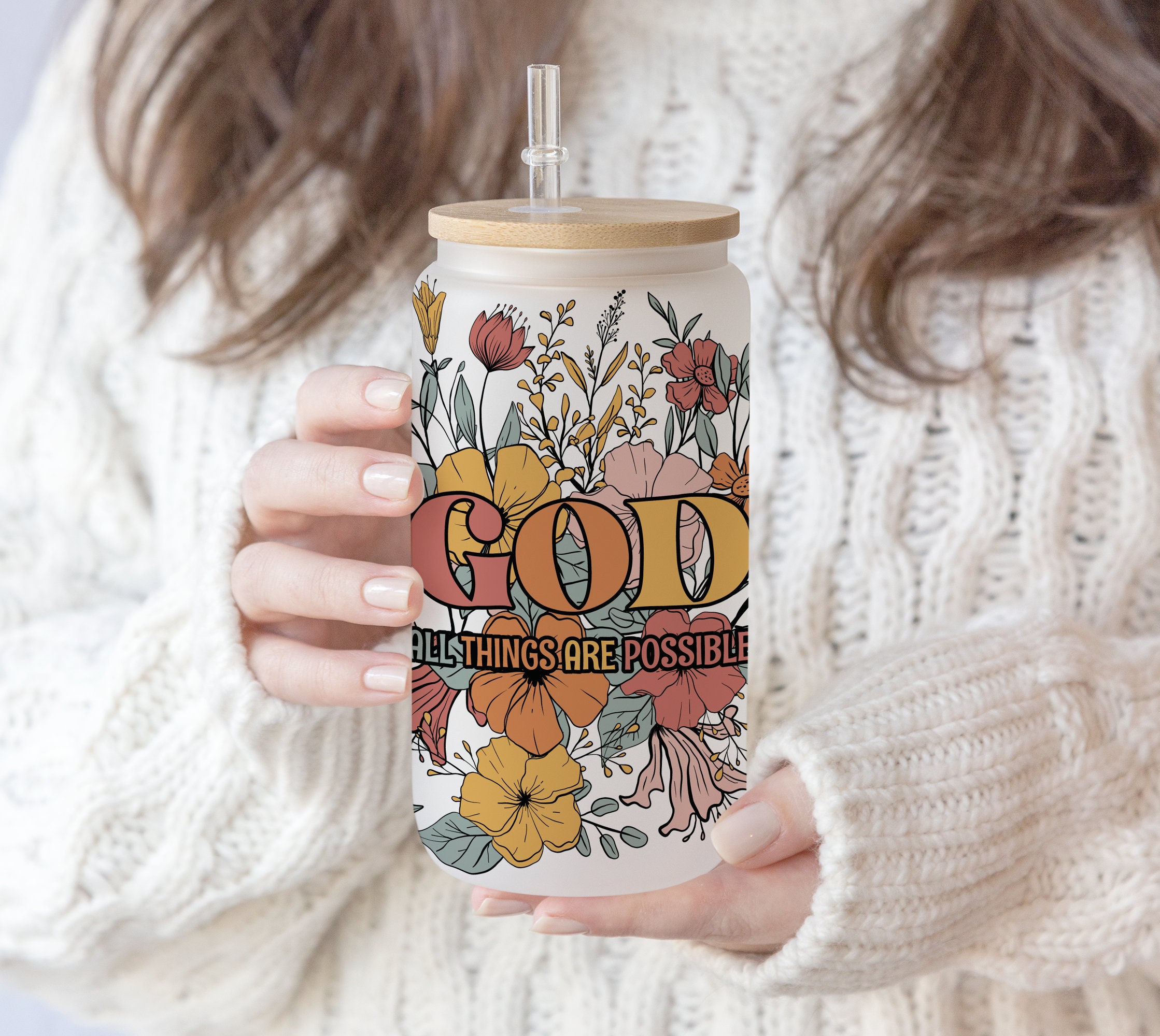 16 oz Libbey Glass Can Tumbler Boho GOD Jesus Aesthetic Retro Flower | Retro Chirst Floral | Bible Verse Inspirational | Christian PNG