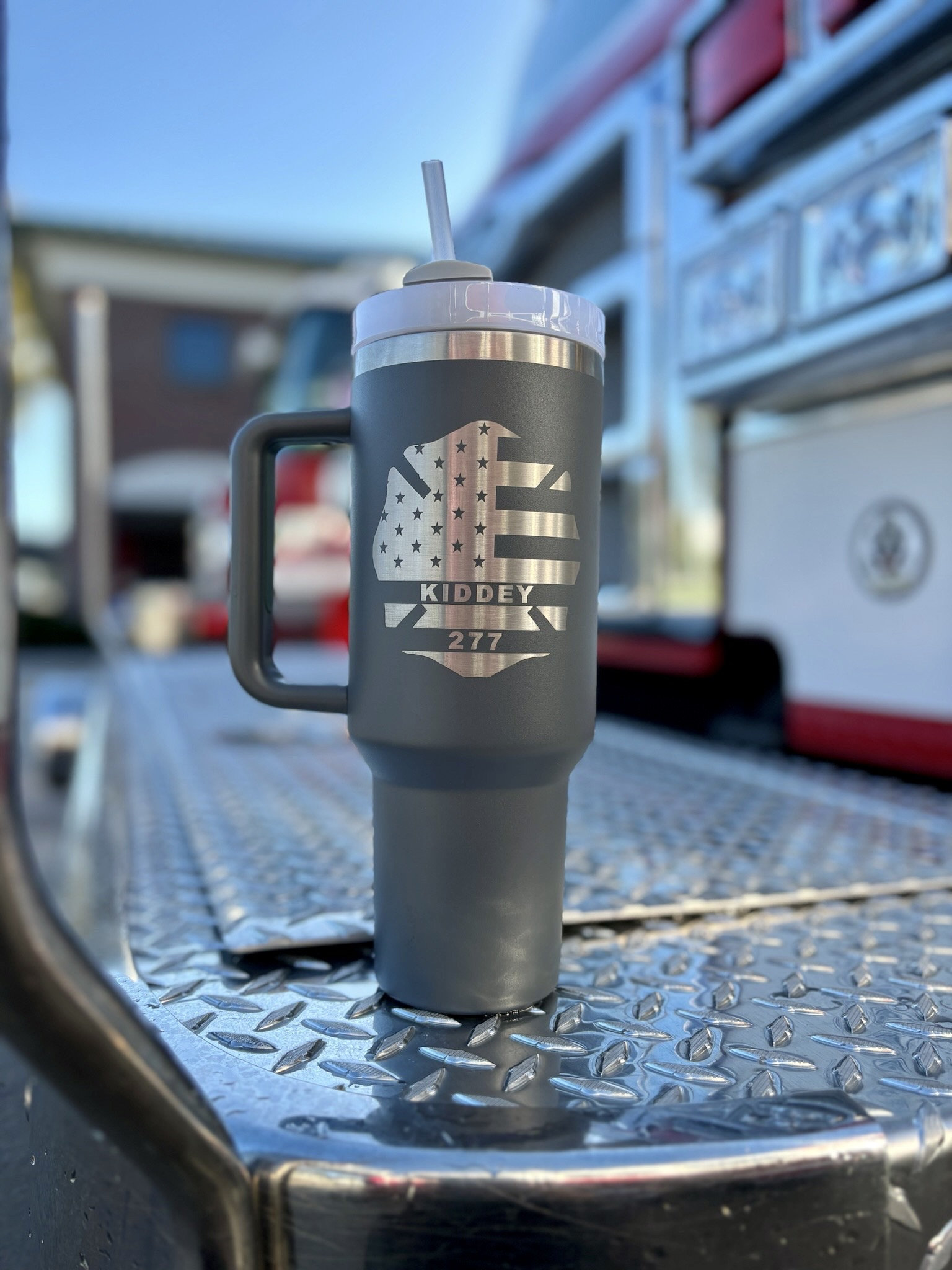 Firefighter Badge Number | Last name 40 oz Stainless Steel Insulated Tumbler with Handle, Laser Engraved tumbler