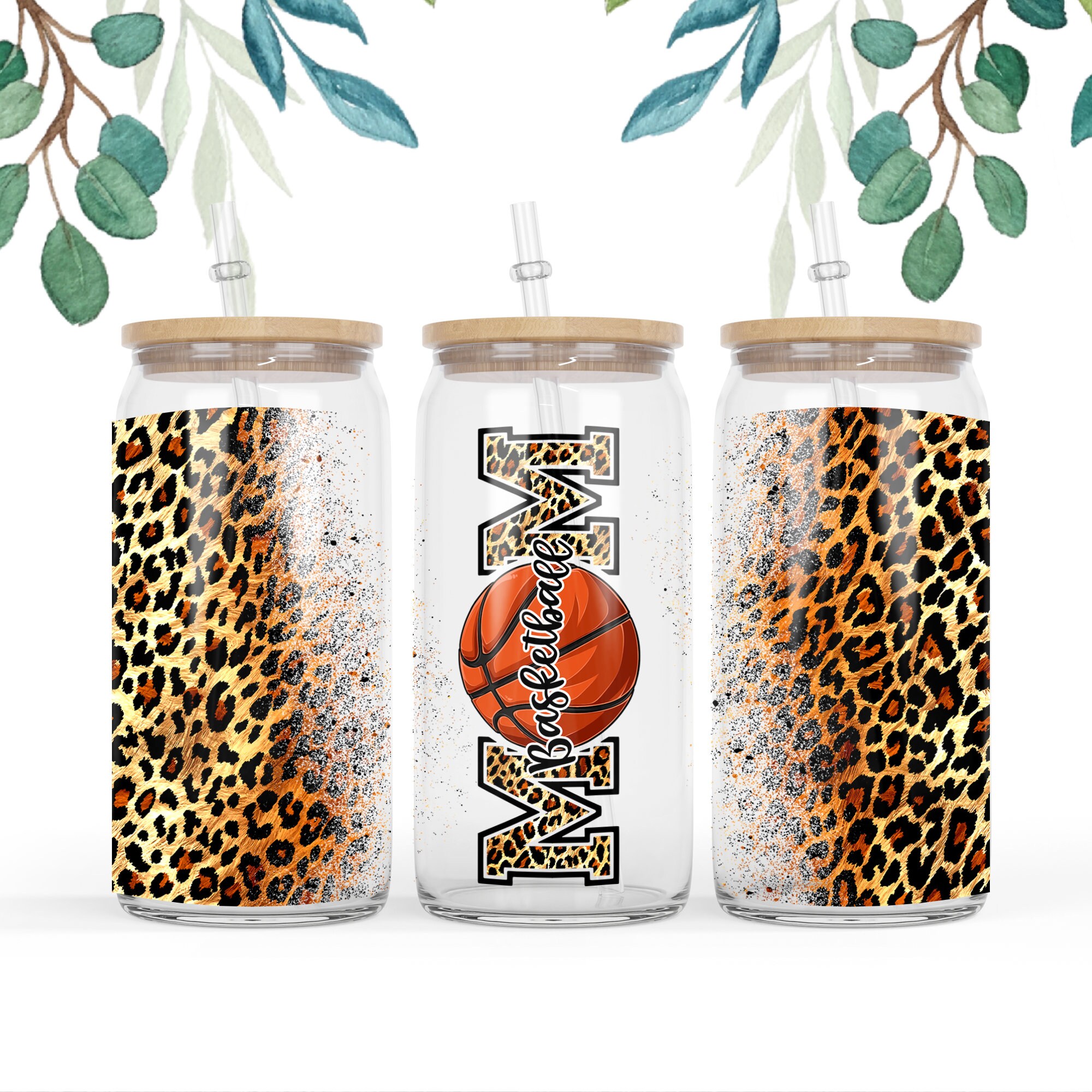 16 oz Libbey Glass Can Tumbler Sublimation Design Basketball mom Leopard Sublimation Design, Sport lover Leopard design png