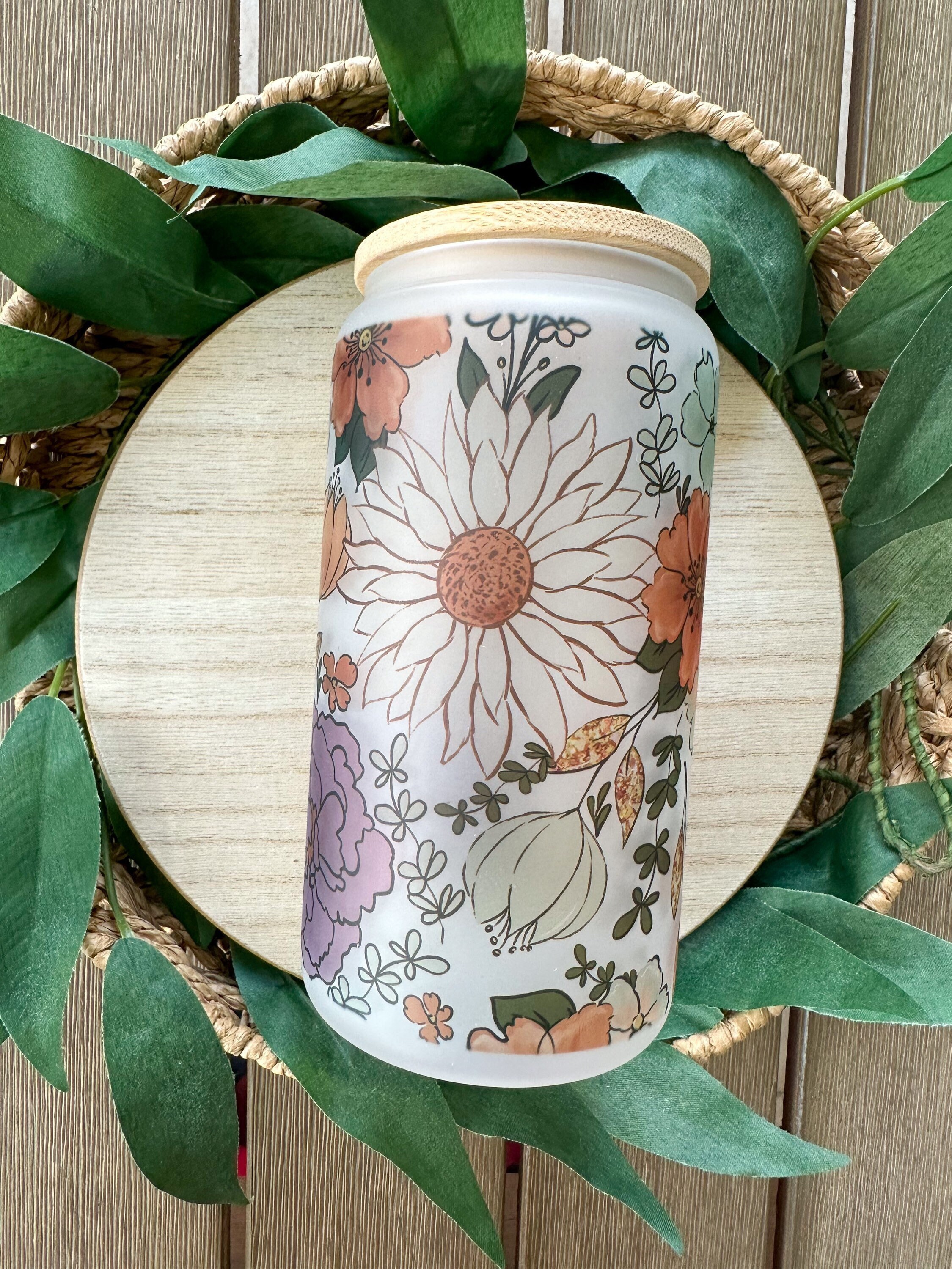 Floral Beer Can Glass, Floral Glass Cup, Floral Coffee Glass, Smoothie Glass, Flower Iced Coffee Glass, Flower Glass Cup