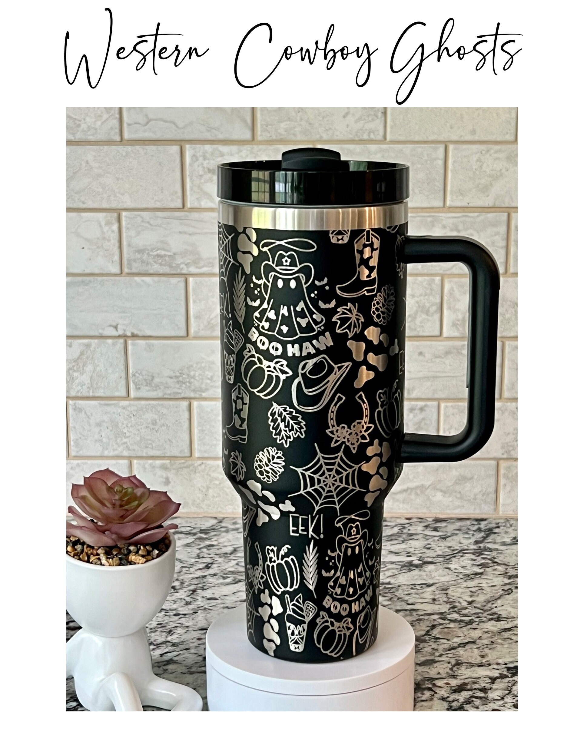 Western Cowboy Ghosts Laser Engraved 40oz Black Custom Seamless Non-Branded Tumbler with Handle Lid and Straw, Double Wall Insulated Cup