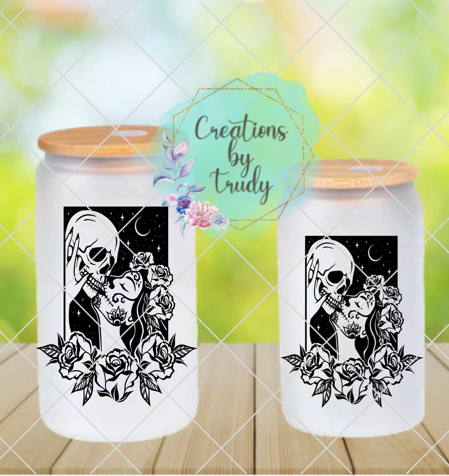 Skull king and queen- frosted can shaped glass with lid and straw