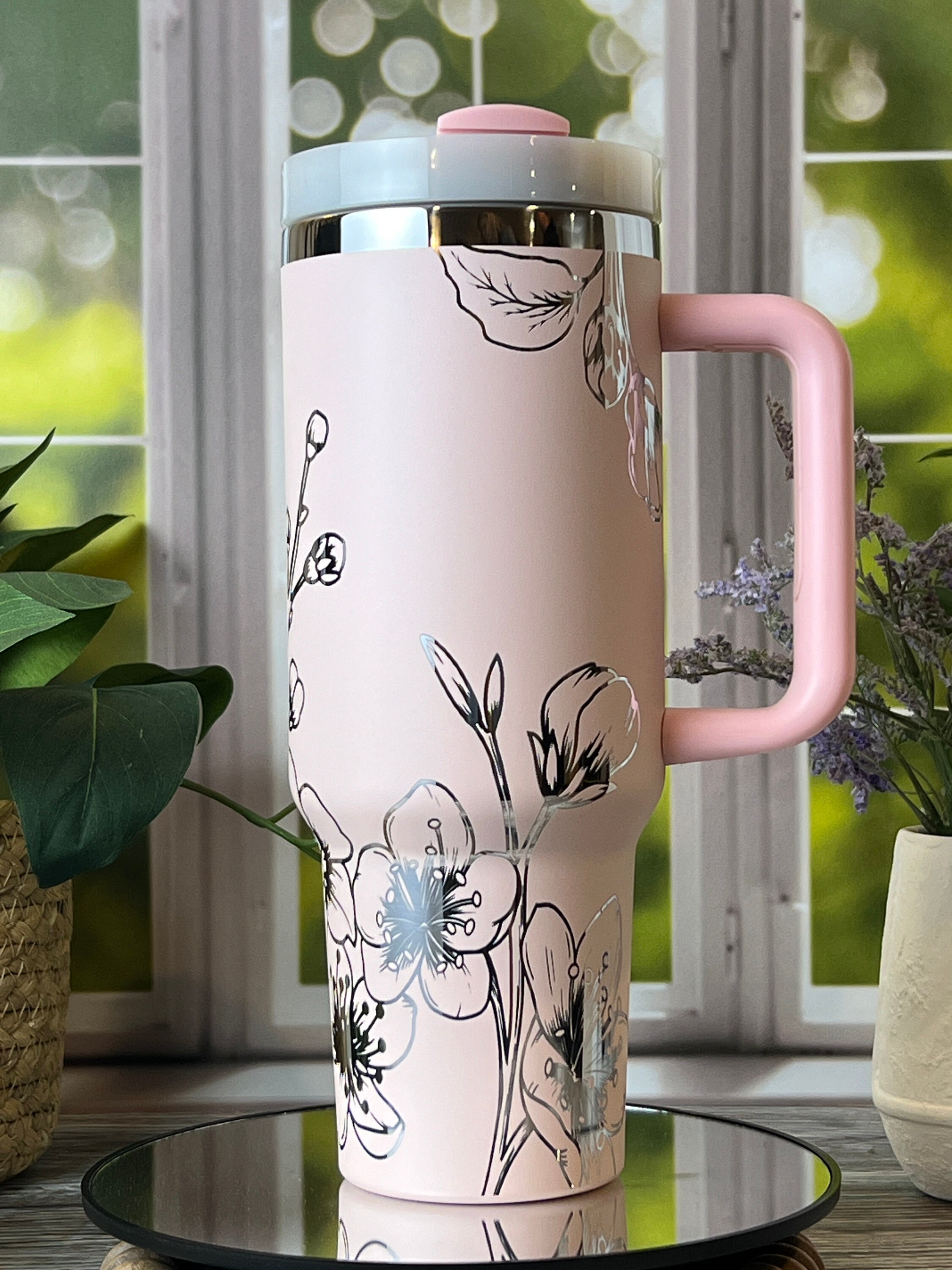 Cherry Blossoms Laser Engraved 40oz Tumbler with Handle Lid and Straw, Custom Engraved Seamless Floral Tumbler, Double Wall Insulated Cup