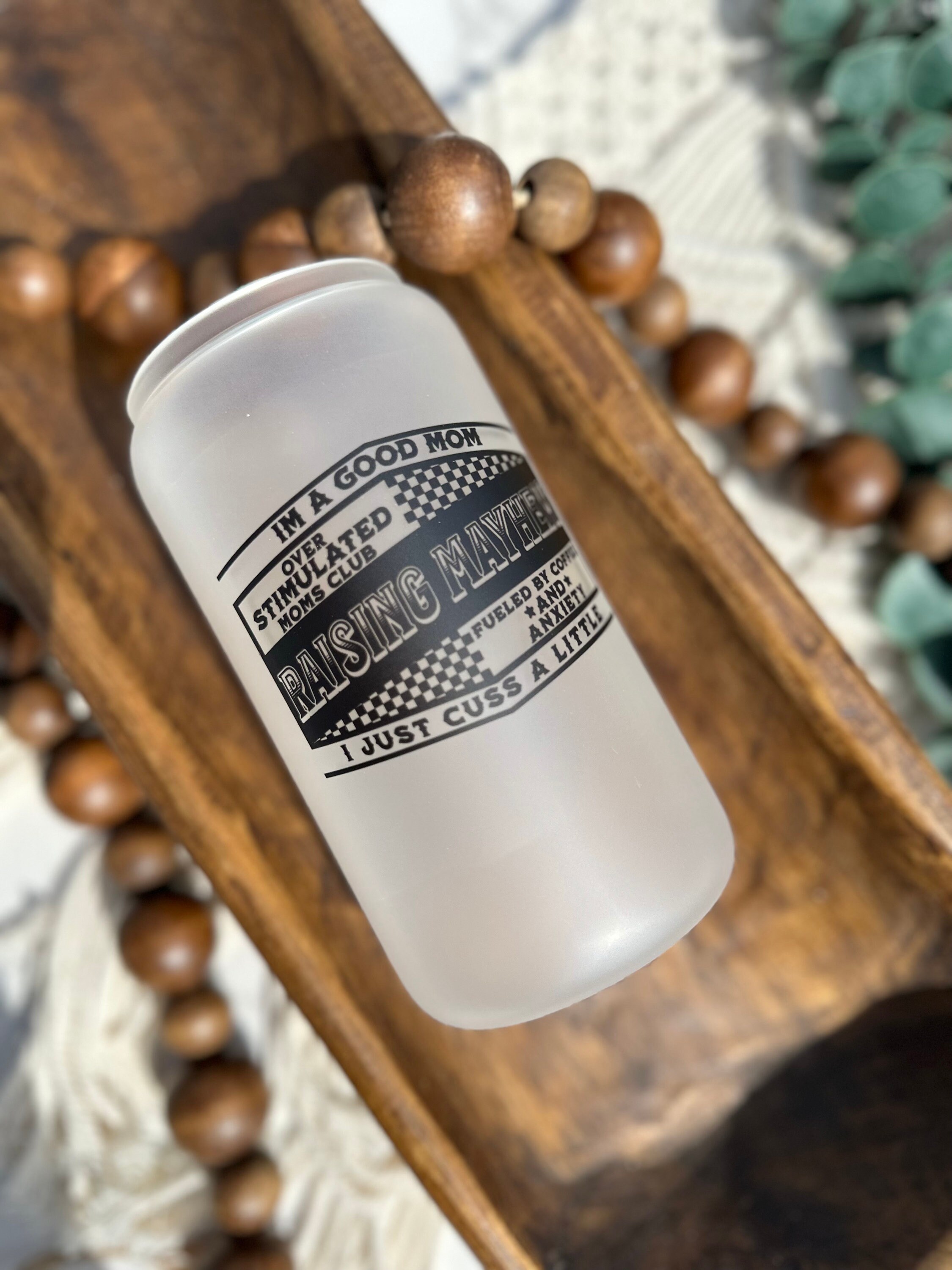 Raising mayhem frosted beer can glass, sublimation glass, bamboo lid and straw, libbey glass, coffee glass, iced coffee glass