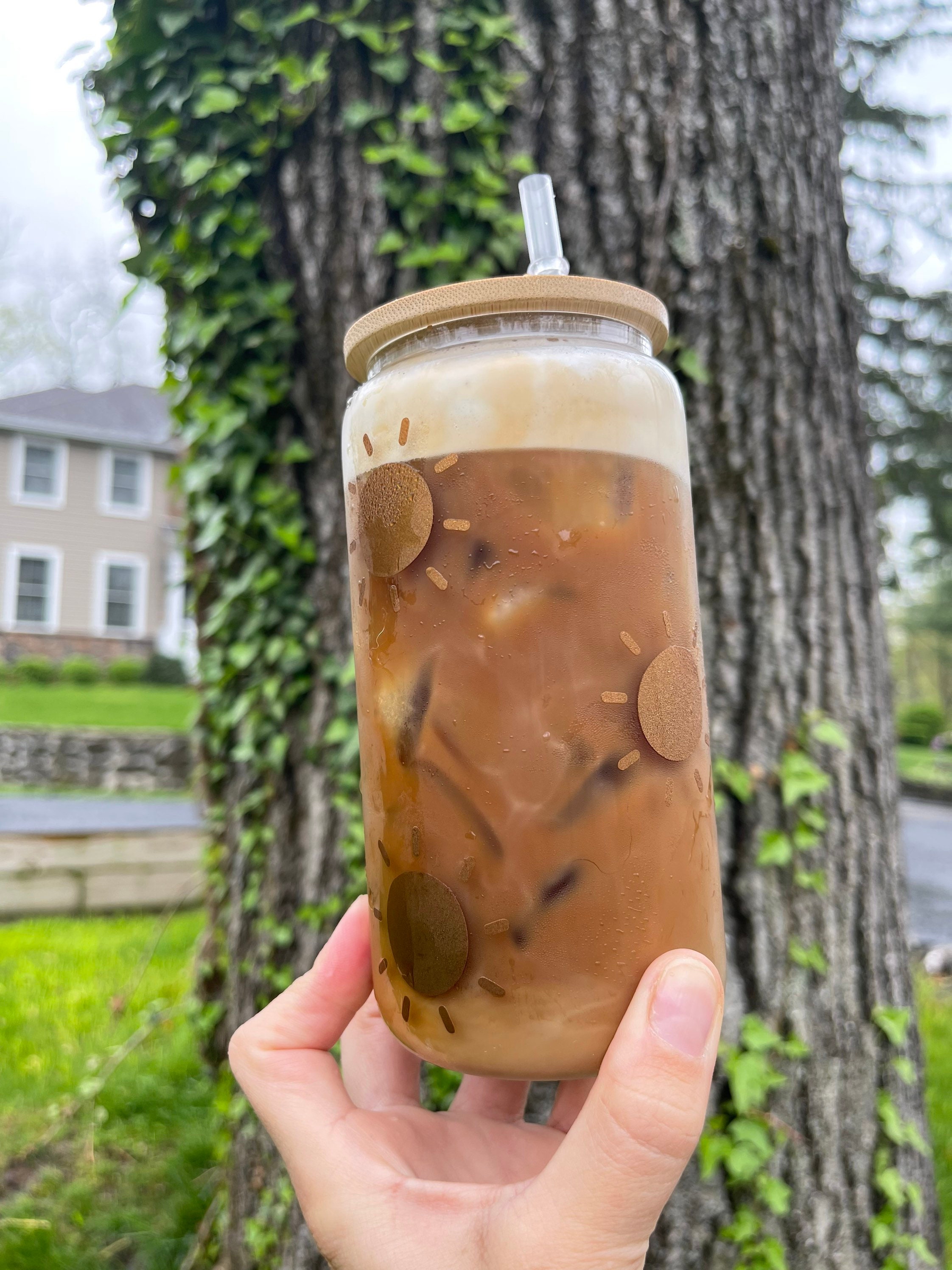 Boho Sun Can Glass | Boho Iced Coffee Glass | Iced Coffee Glass With Lid