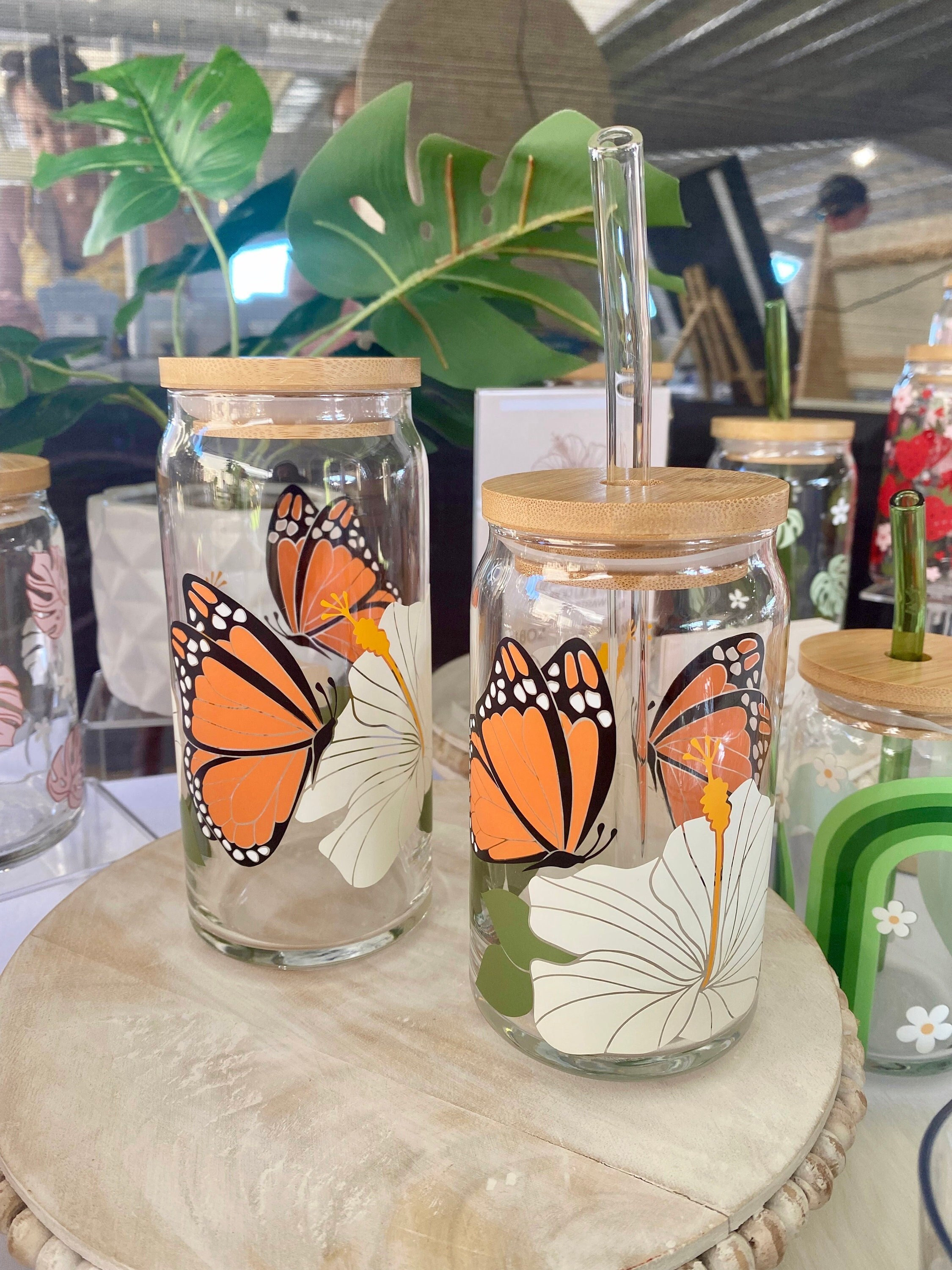 Monarch Butterfly & Hibiscus Glass Can, Hawaii Iced Coffee Glass, Butterfly Flower Glass Cup, Hawaiian Coffee Cup, Hawaii Gift, Tropical