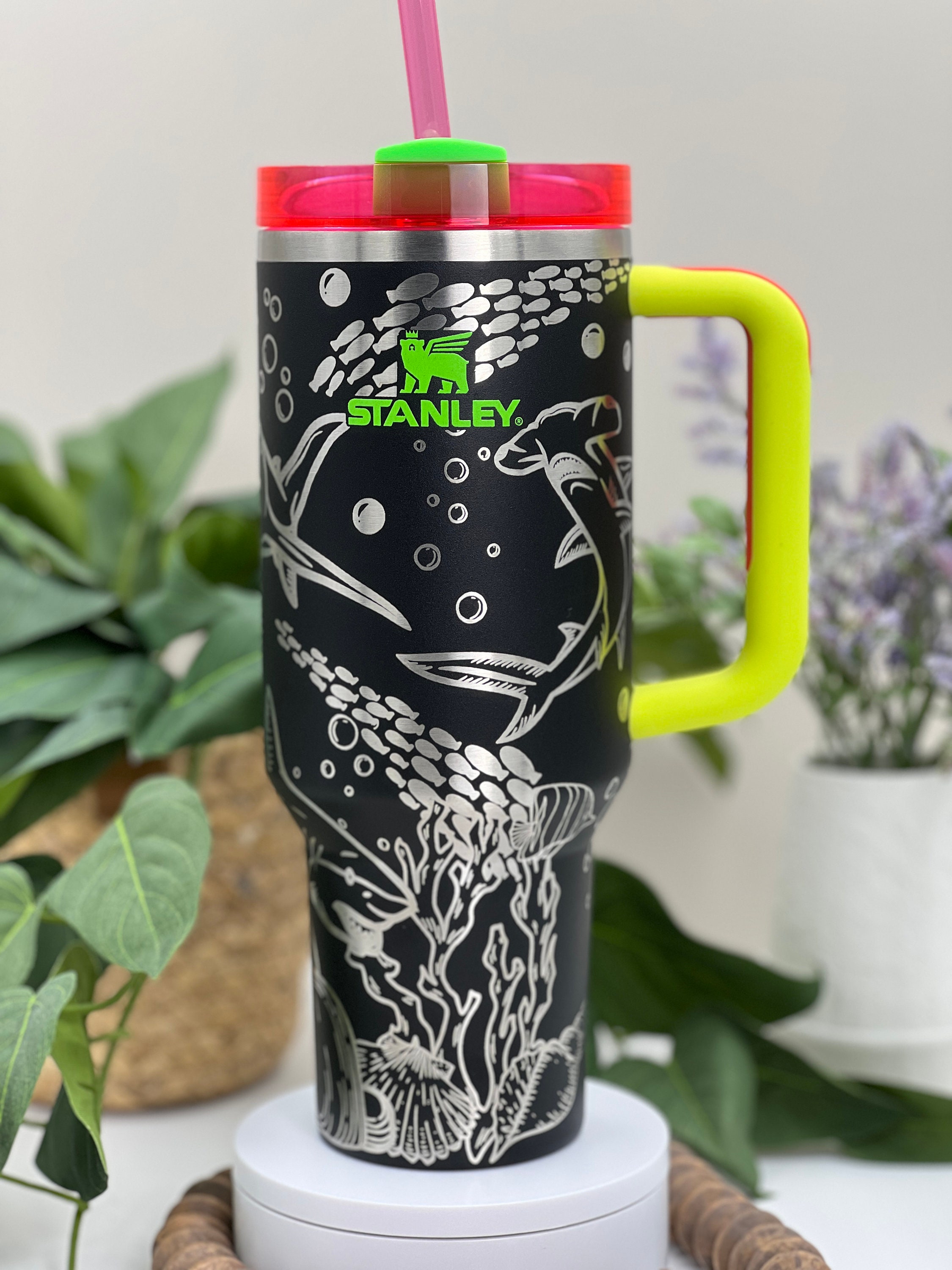 Sharks Laser Engraved 40oz Tumbler with Handle Lid and Straw, Custom Engraved Seamless Tumbler, Double Wall Insulated Cup