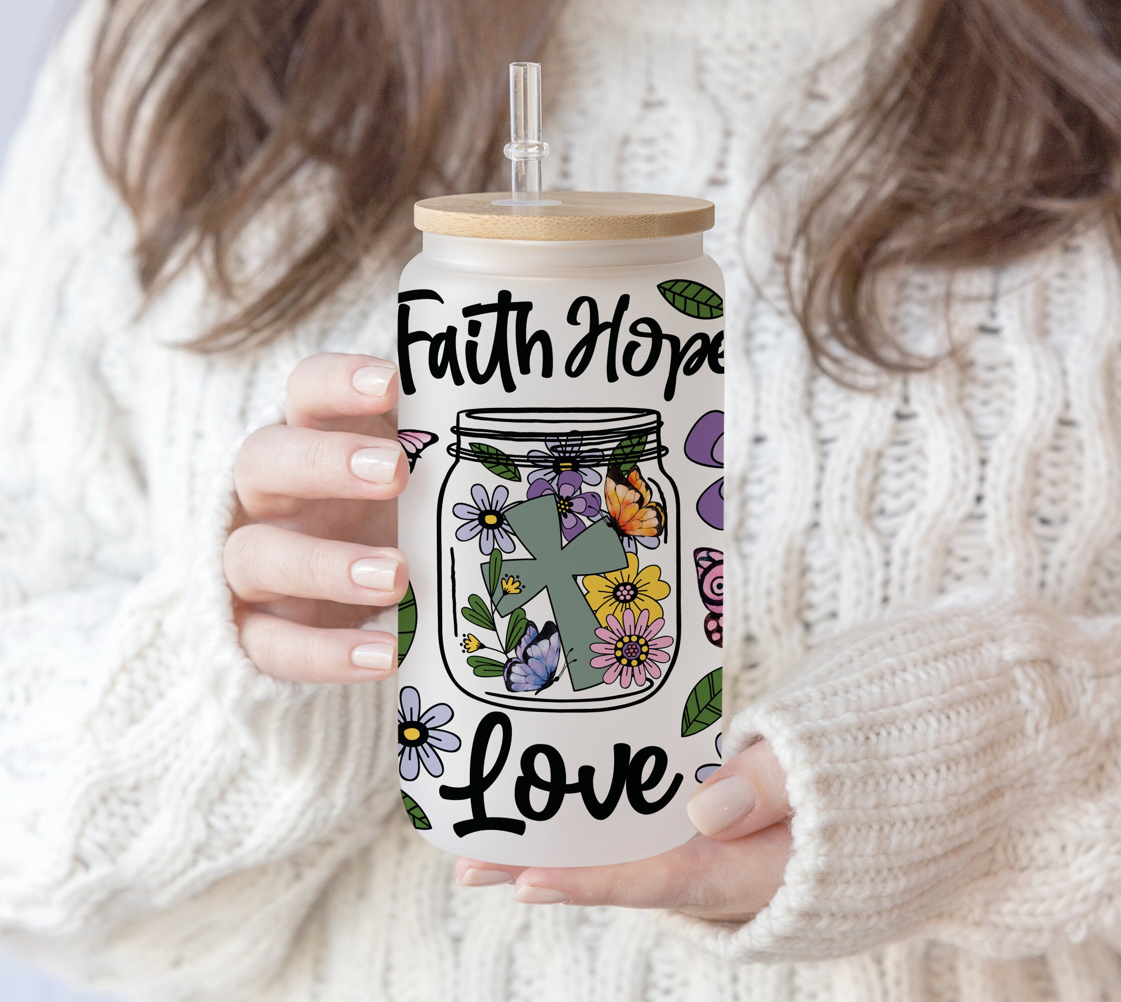 16 oz Libbey Glass Sublimation Faith Love Jesus | Flower Faith Christmas | Watercolor Religious Jesus Christian Gift | Bible Quote PNG file