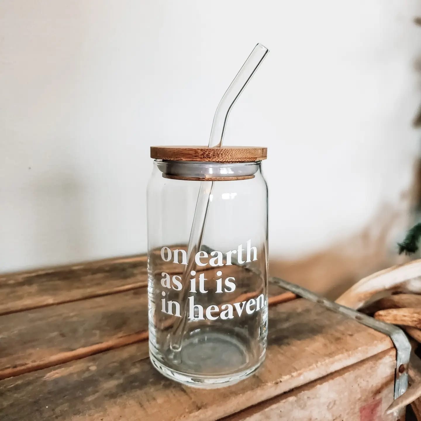 On Earth as it is in Heaven Glass Cup | Libby Beer Glass | Glass Cup w Bamboo Lid | Iced Coffee Glass w Straw