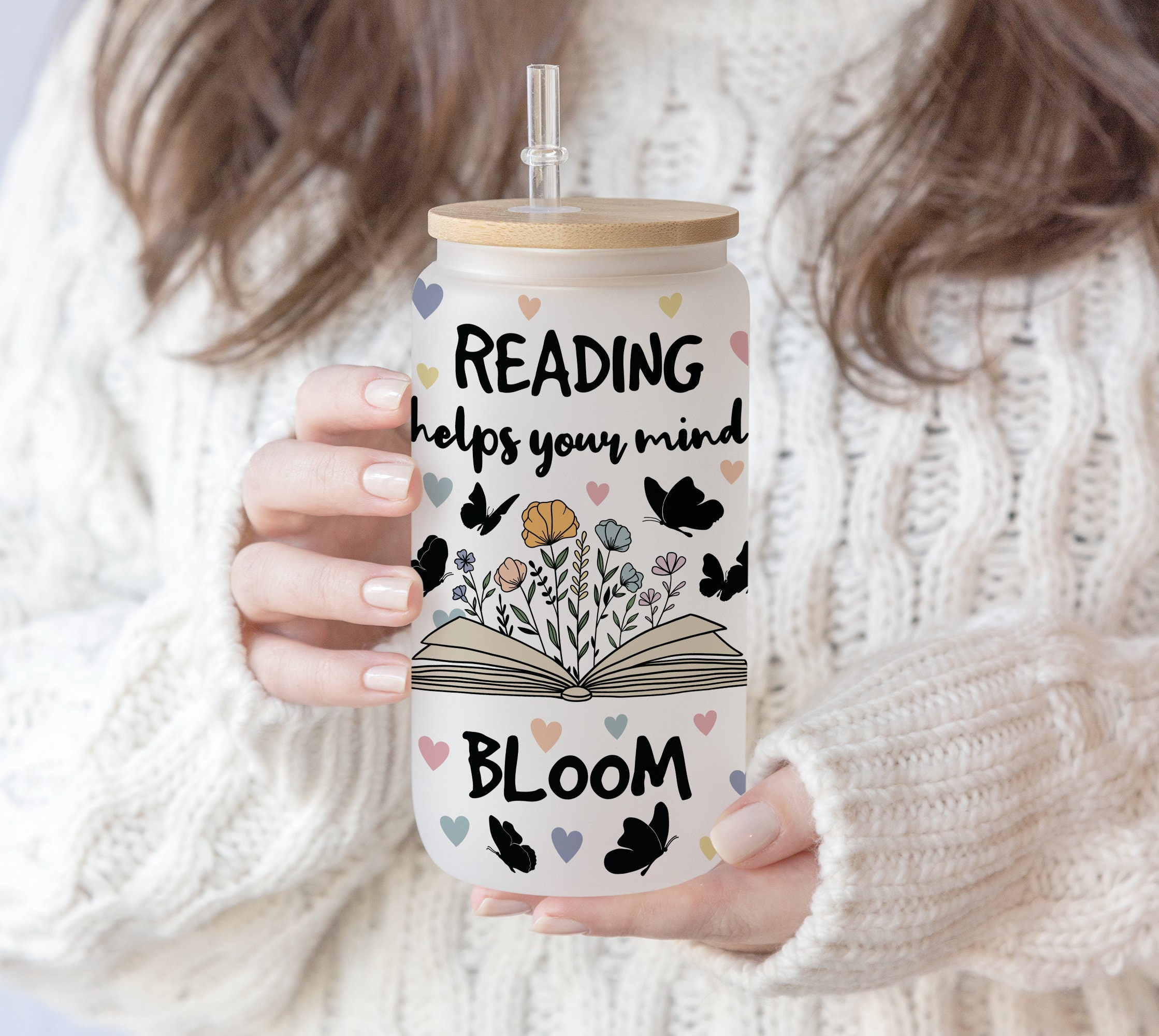 16 oz Libbey Beer Glass Can Reading Helps Your Mind Bloom | Funny Book Lover Floral Wild flower Butterfly Book | Reader Quotes Bookworm