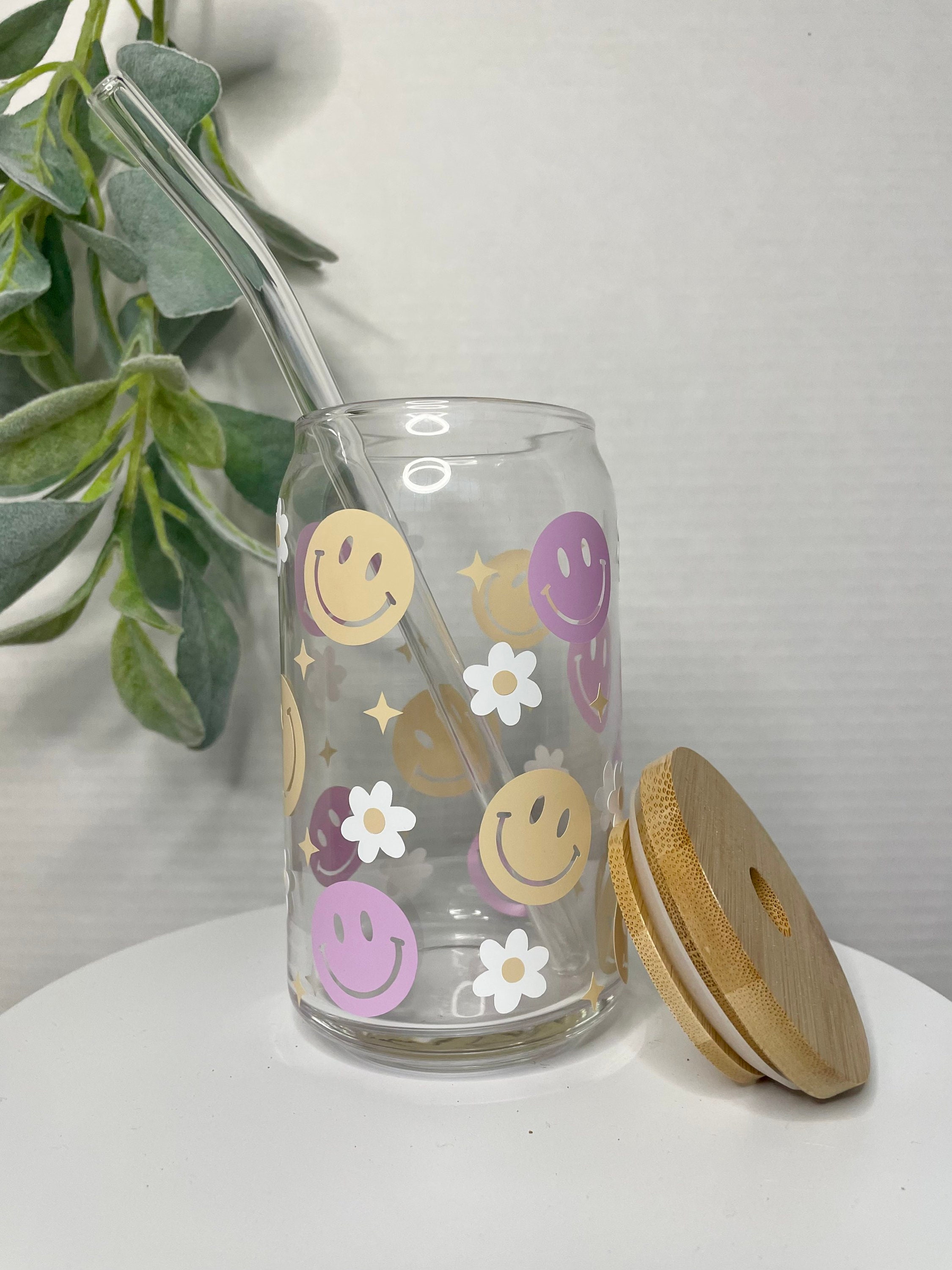 Smiley Flowers Can Glass Cup, Iced Coffee Glass