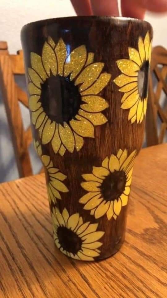 Peek-a-boo Glitter Sunflower With Wood Grain Tumbler