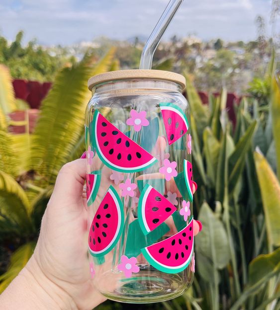 Watermelon Beer Can Glass, Watermelon Can Glass With Lid and Straw, Birthday Gift, Iced Coffee Cup