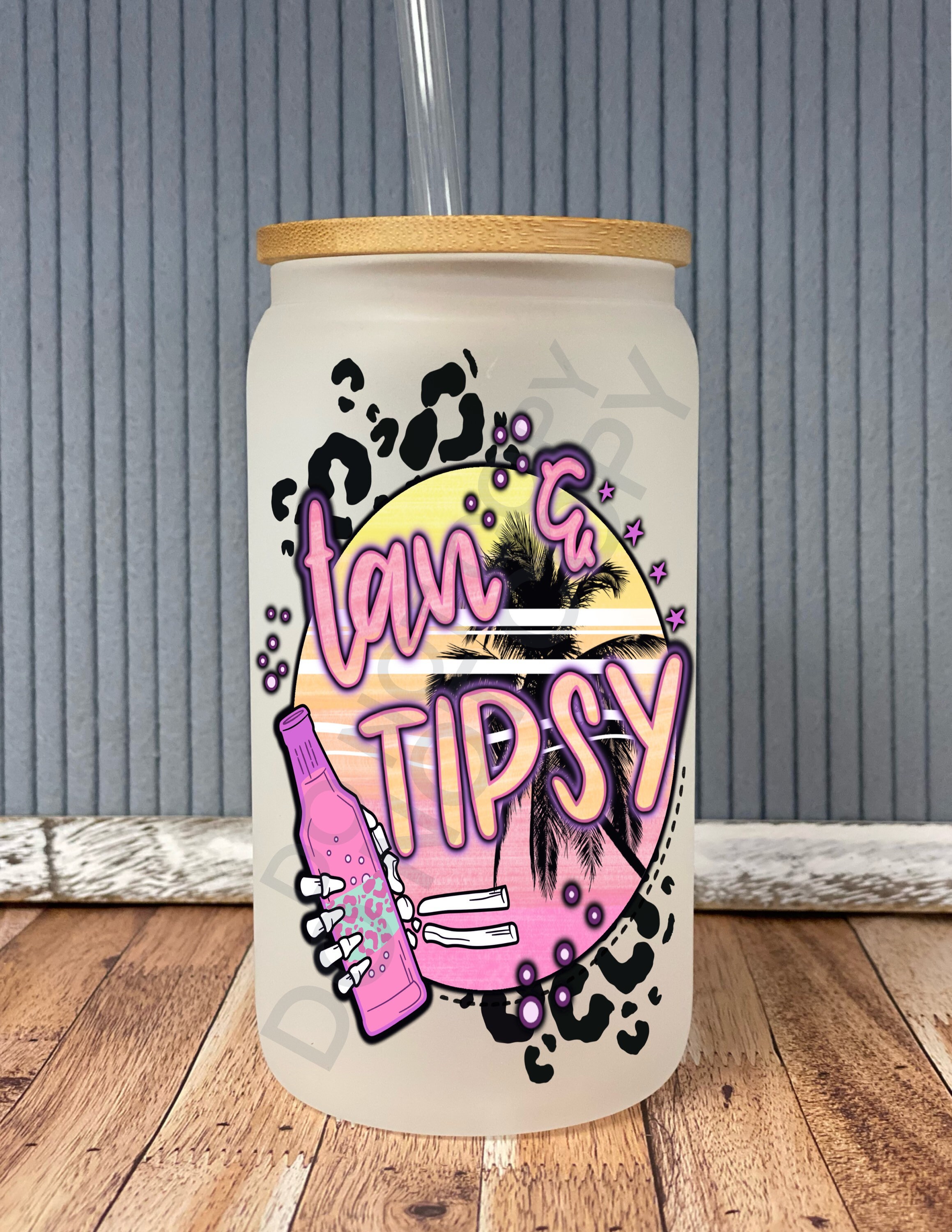 Tan and tipsy- frosted can shaped glass with lid and straw