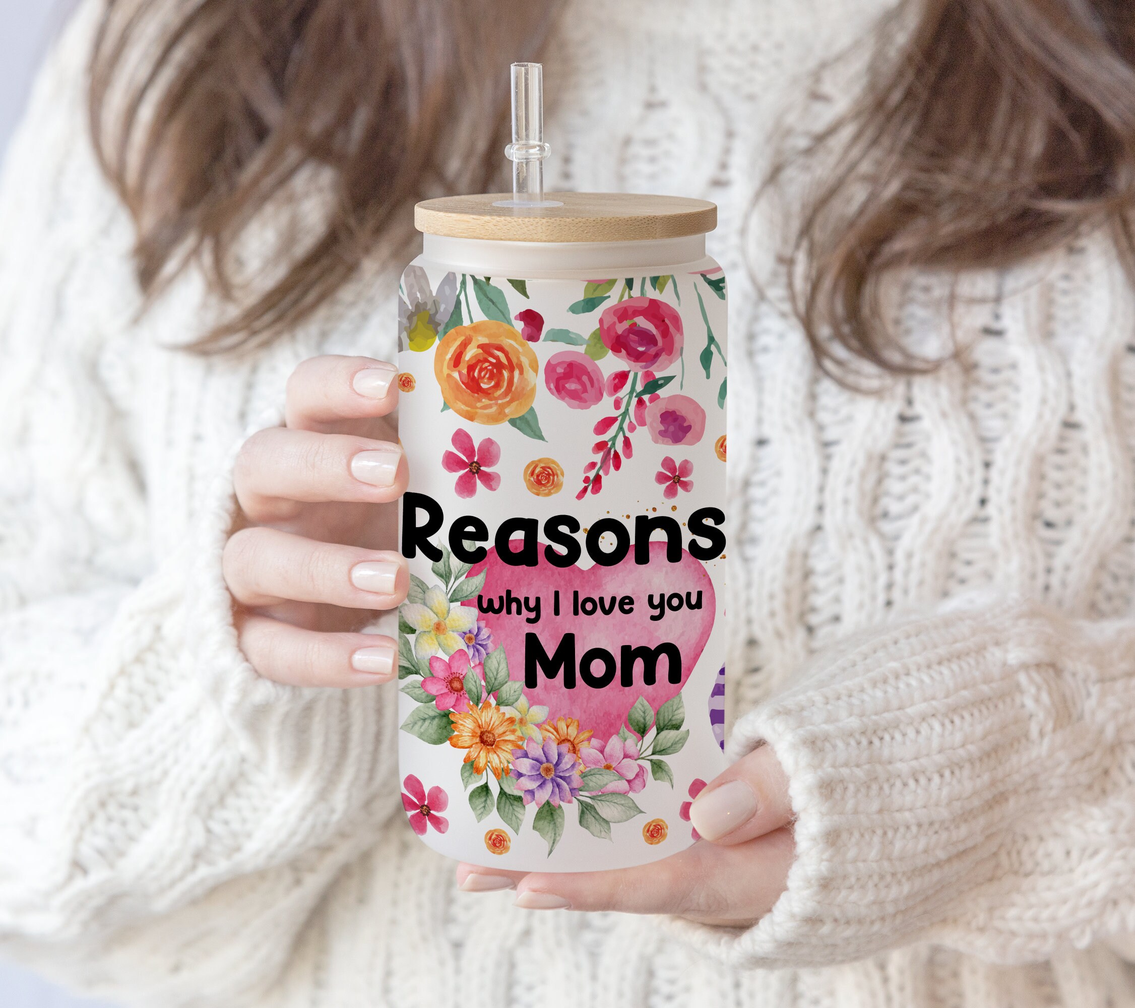 16 oz Libbey Glass Can Tumbler Sublimation Design Love Mom Tumbler Wrap Inspirational , Self Lover, Mom Positive wording,Flower Heart 16 oz