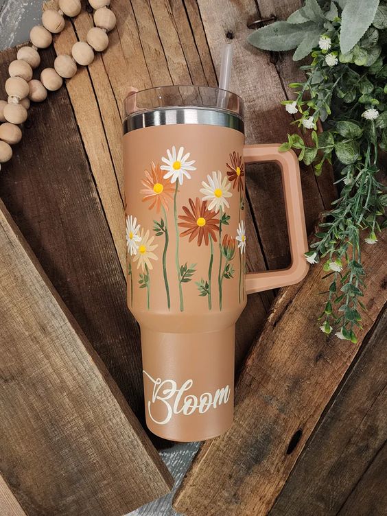 Stanley Dupe With Hand Painted Flowers Tumbler