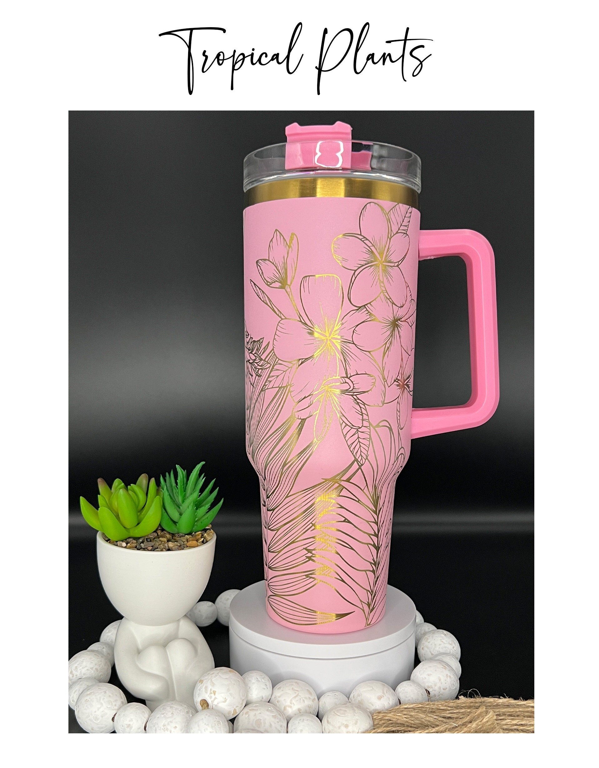 Tropical Plants Floral Laser Engraved 40oz Light Pink & Gold Seamless Non Branded Tumbler with Handle Lid and Straw, Double Wall Insulated