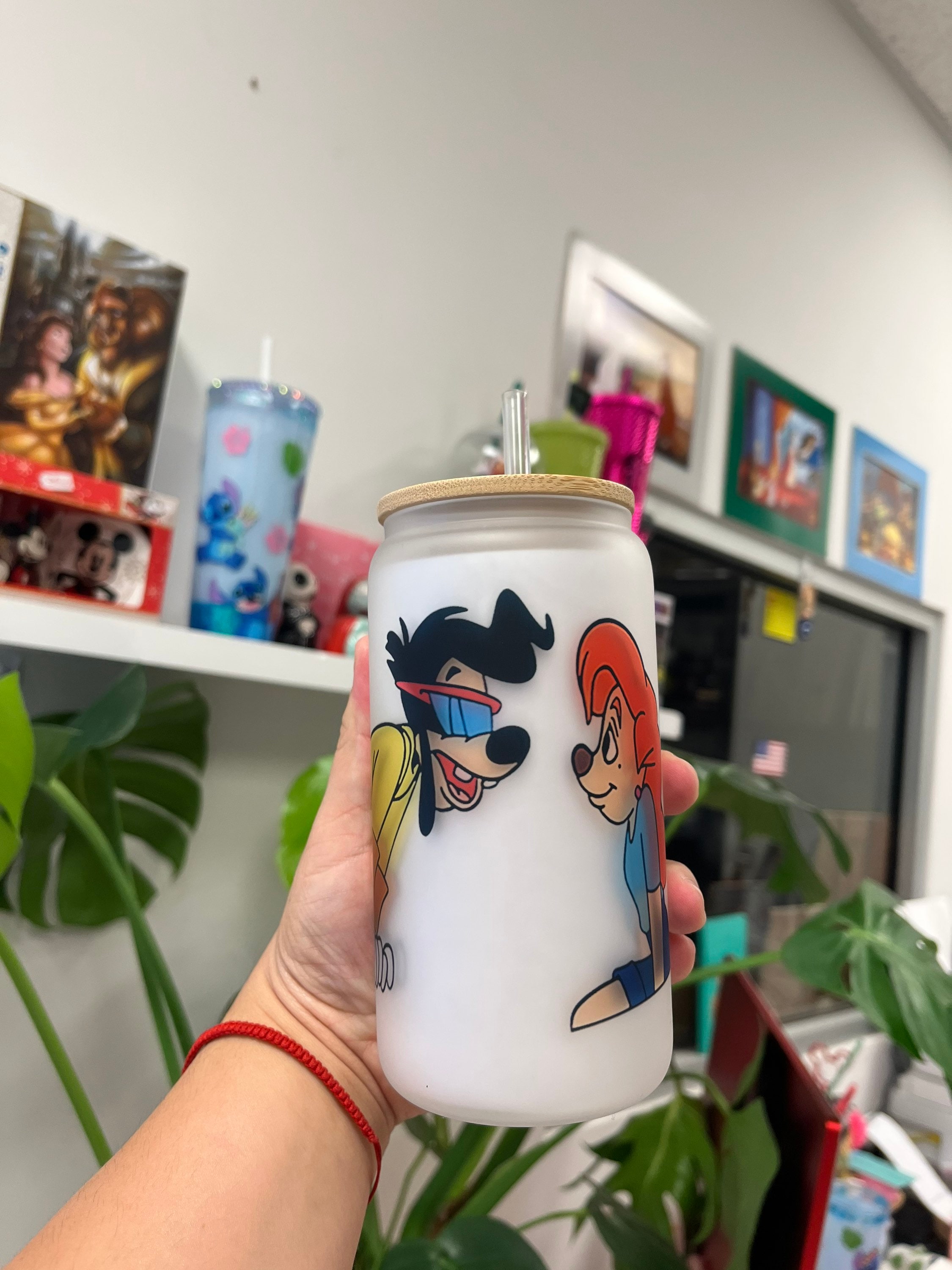 Max and Roxanne frosted glass can, Goofy movie glass can, Max and Roxanne goofy movie