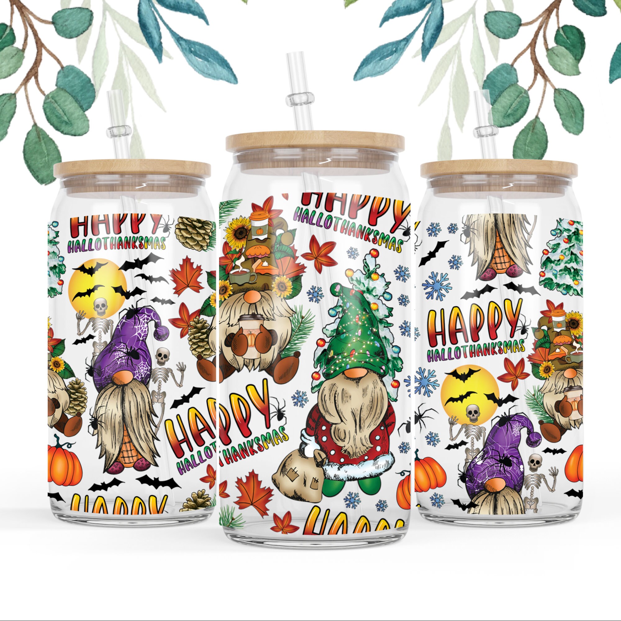 16 oz Libbey Beer Glass Can Frosted glass Seamless Pattern Happy Gnome Hallothanksmas Coffee Fall PNG ,Halloween png,Christmas png,Halloween