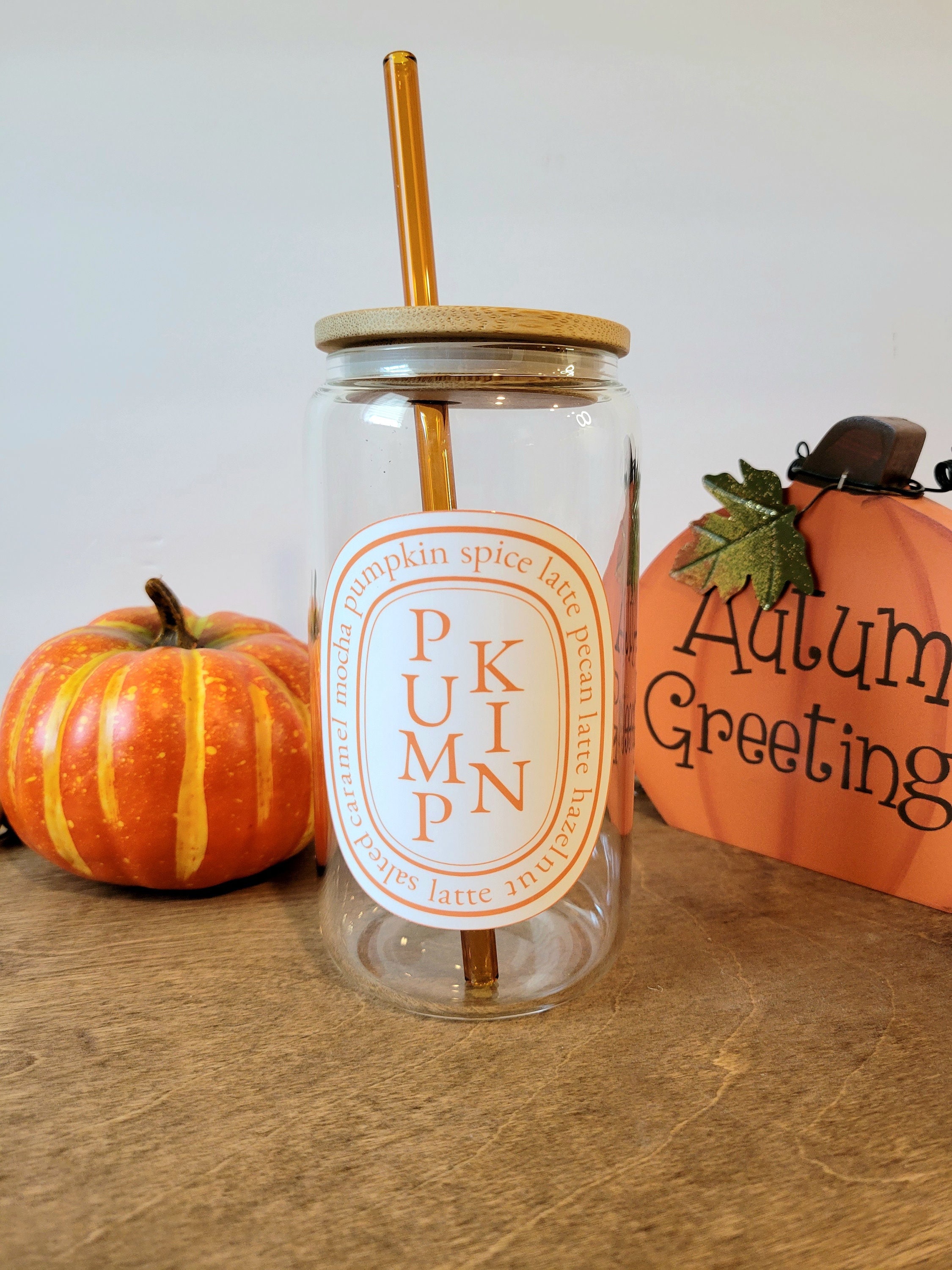 Pumpkin Coffee Glass, Diptyque Coffee Label, Beer Can Glass With Lid and Straw, Aesthetic Coffee Mug, Pumpkin Glass Cup, Fall Glass