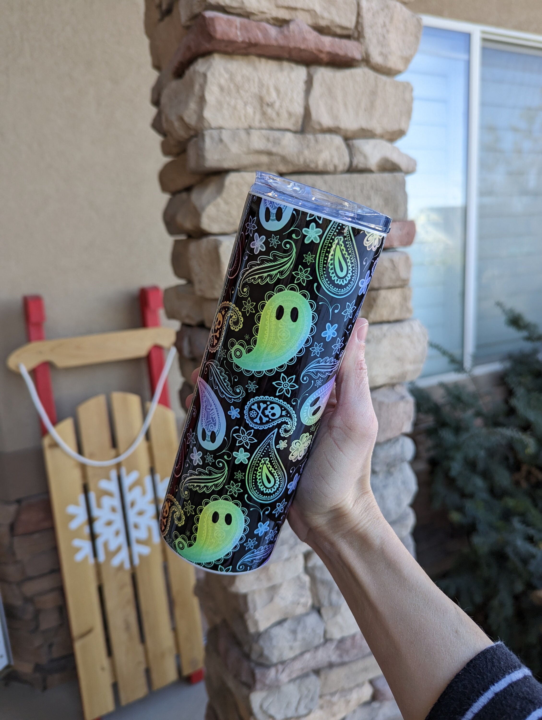 Ghost Tumbler | Halloween Tumbler | Paisley Ghosts Pattern Black and Rainbow