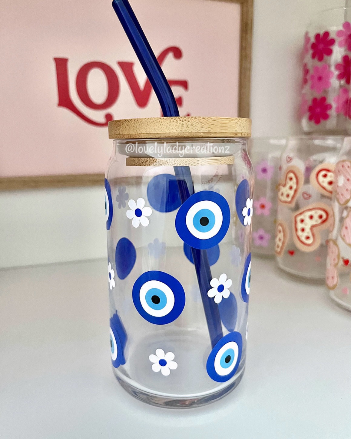 Evil Eye Glass Cup / Iced Coffee Glass / Good Vibes Glass Cup / Cute Coffee Cup / Blue Evil Eye Cup / Evil Eye Gifts