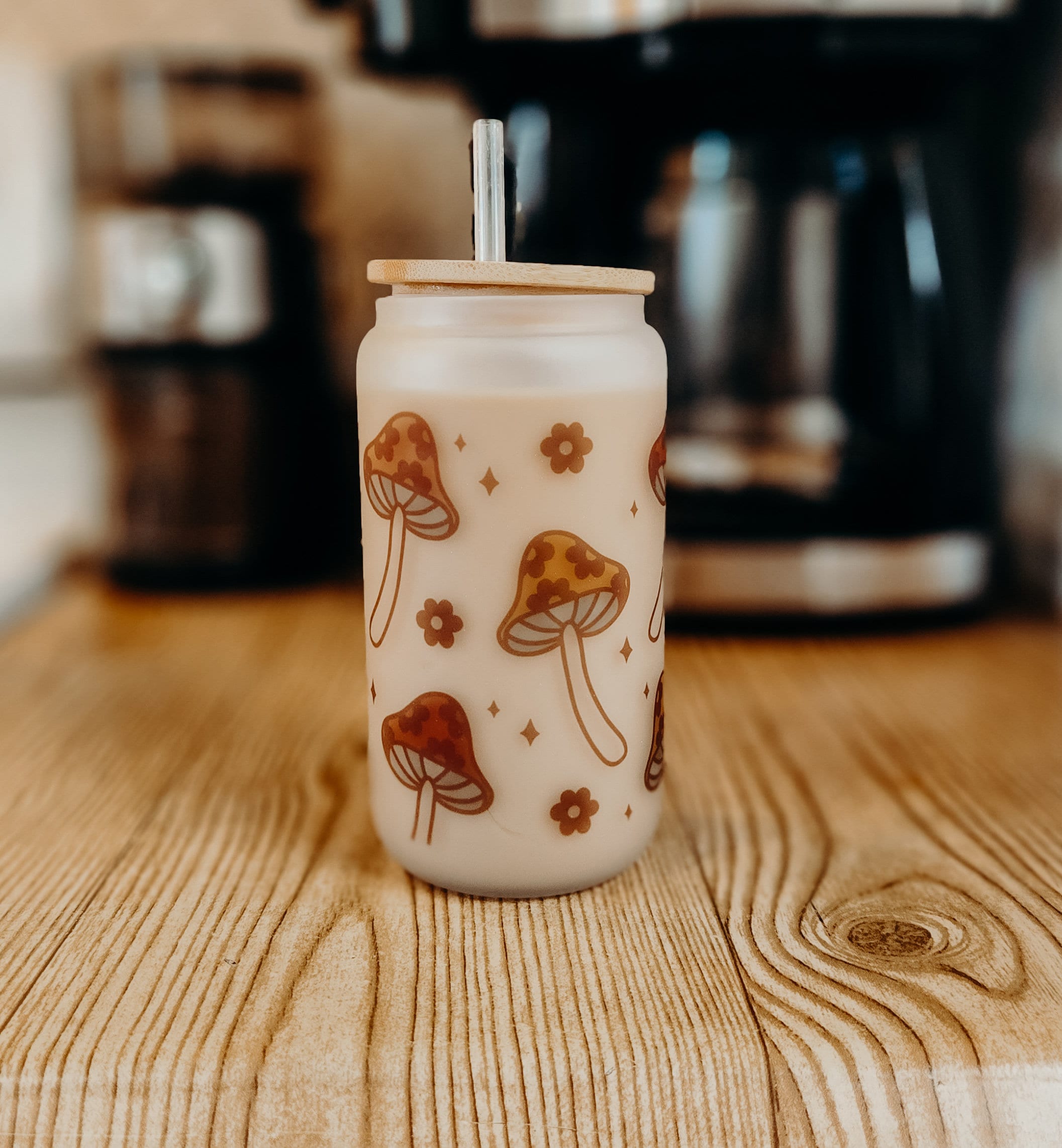 Boho Mushroom Cottage core Iced coffee glass, mushroom coffee cup, mushroom iced coffee cup, mushroom gift, Gifts for mom