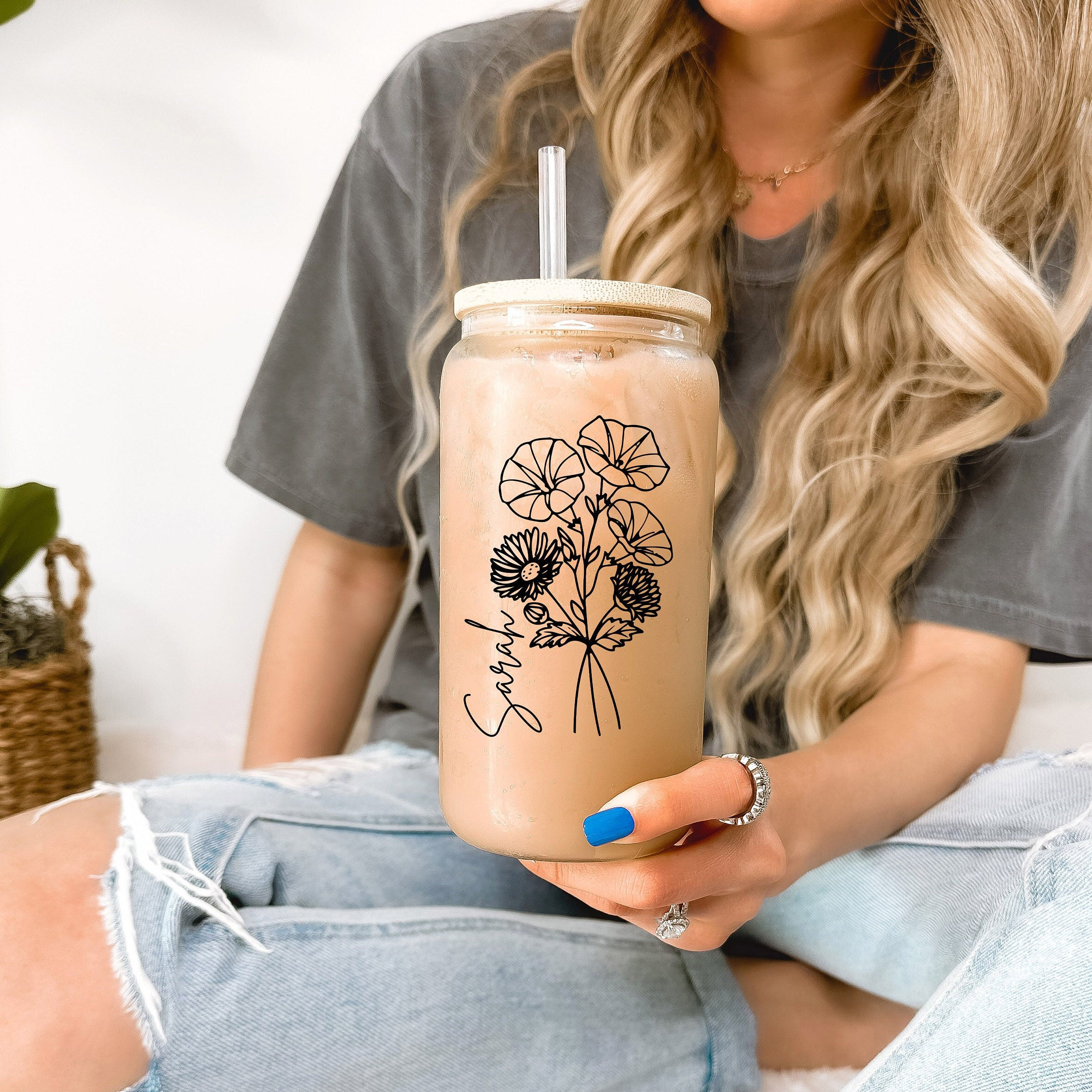 Personalized Birth Flower Iced Coffee Cup Name, Custom Can Glass with Lid and Straw Bridesmaid Gift 16oz Glass Cup, Bridesmaid Proposal