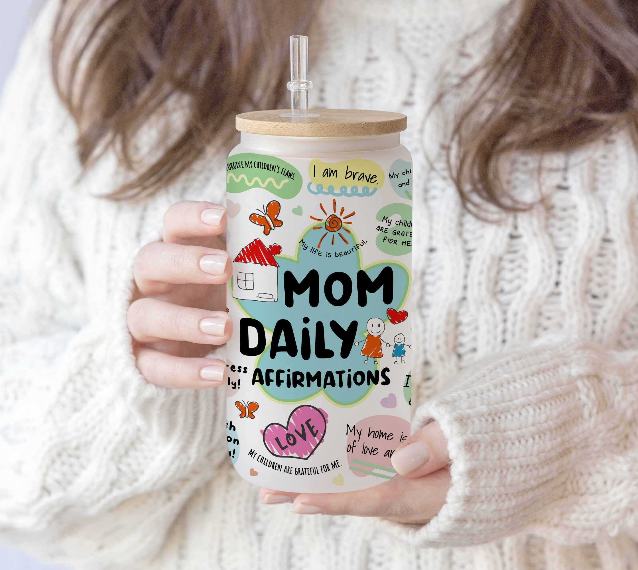 16 oz Libbey Glass Can Tumbler Sublimation Design Mom Daily Affirmations for kids Tumbler Wrap Inspirational,Self Lover,Mom Positive wording