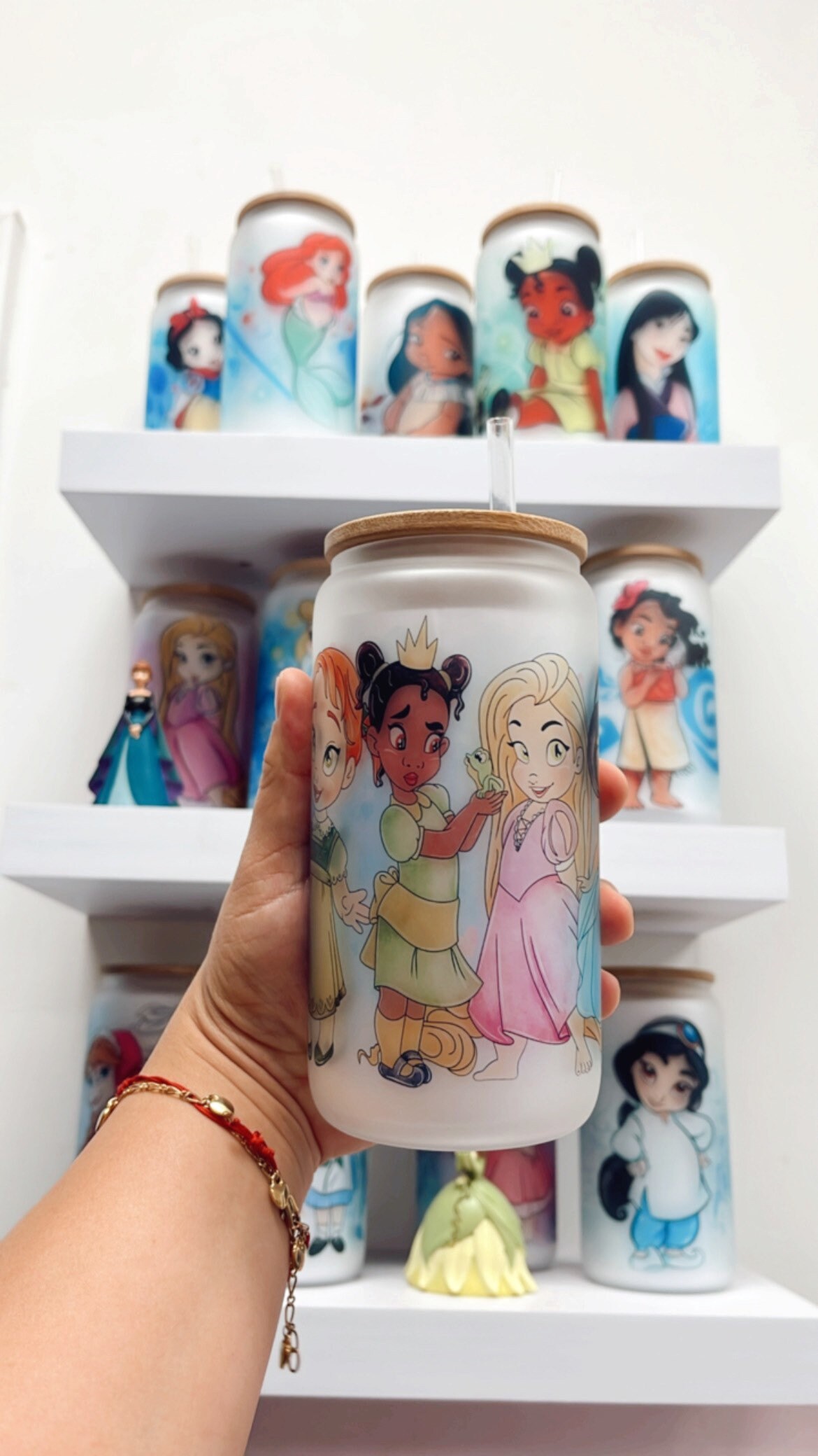 Princesses Frosted glass can, Custom Frosted glass can, Princesses glass can