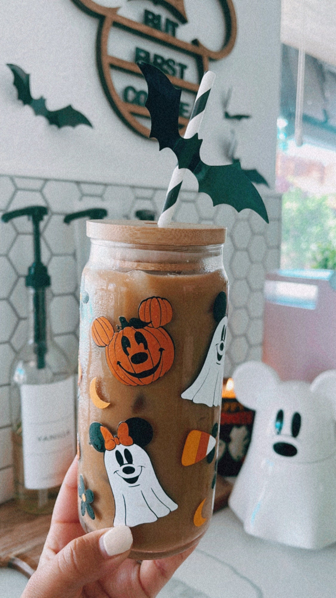 Mickey Ghost Glass Cup| Mickey Halloween Cup| Mickey Pumpkin Glass