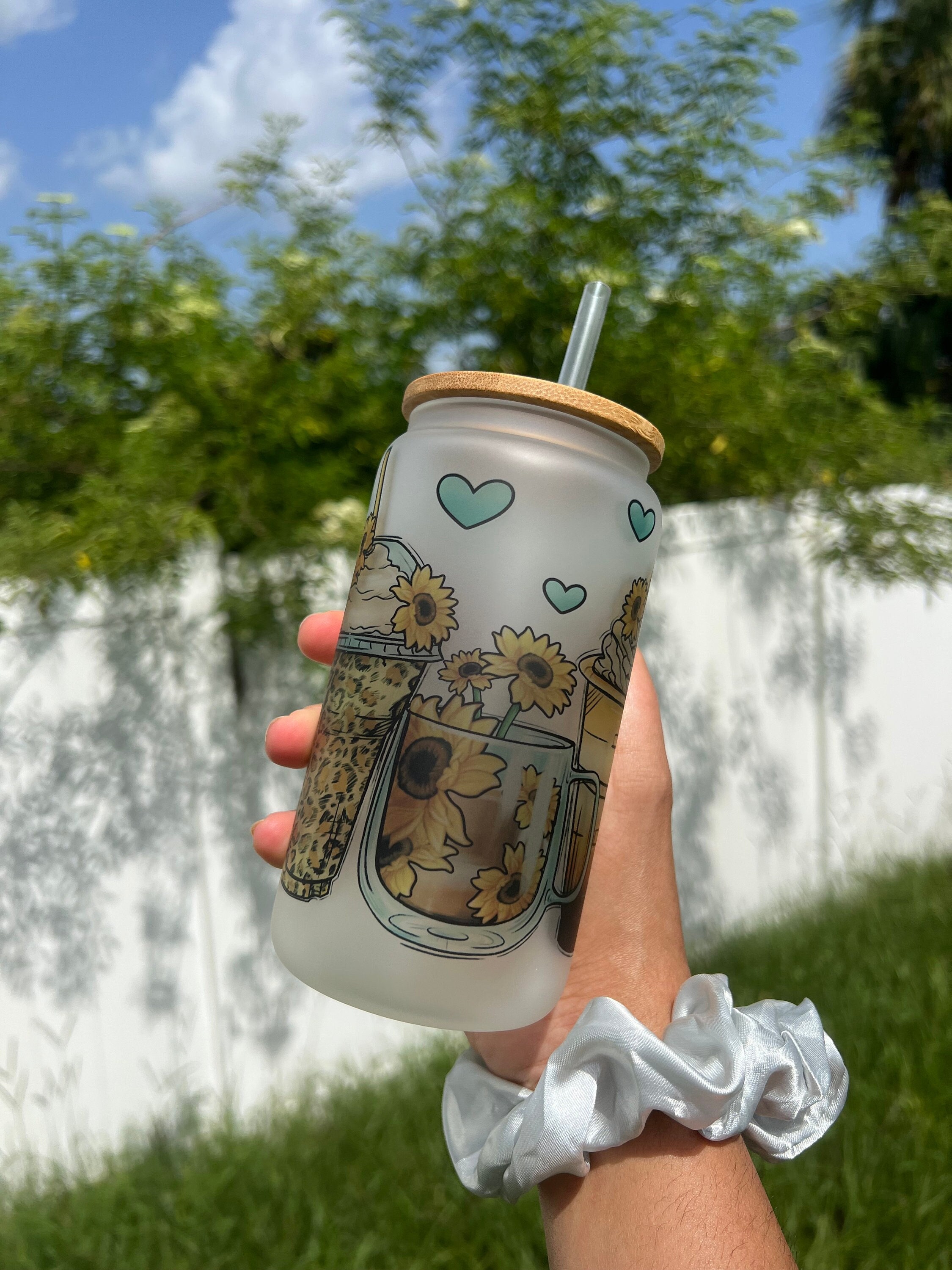 Leopard Sunflower Coffee Lattes 16 Oz Frosted Beer can Glass Cup, Sunflower Glass Mug, Sunflower Cups, Glass Beer Can Cups, Custom Glass Cup