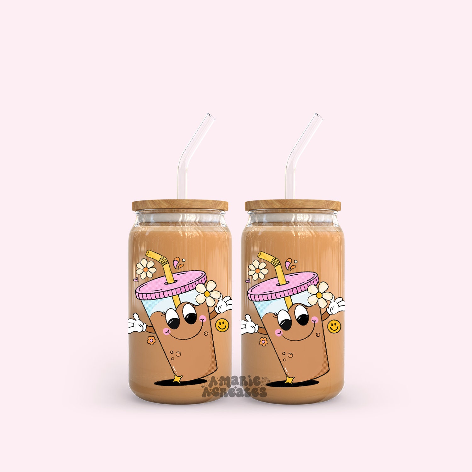 Retro Iced Coffee Character Glass Cup, Trendy Glass Cup, Relatable Glass Cup