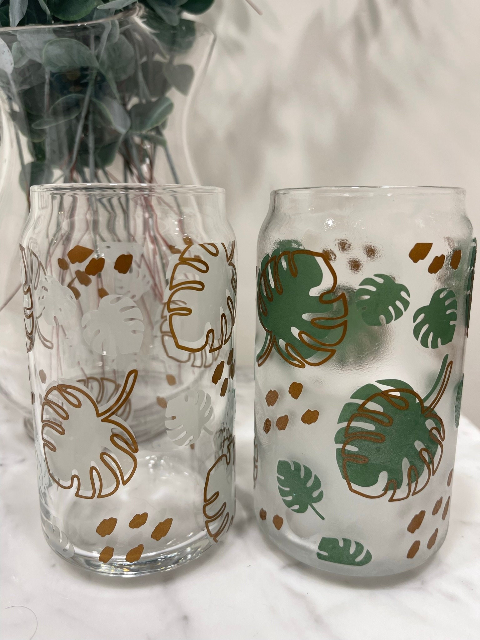 Color Changing Monstera Beer Can Glass, Iced Coffee Glass, Glass Coffee Cup