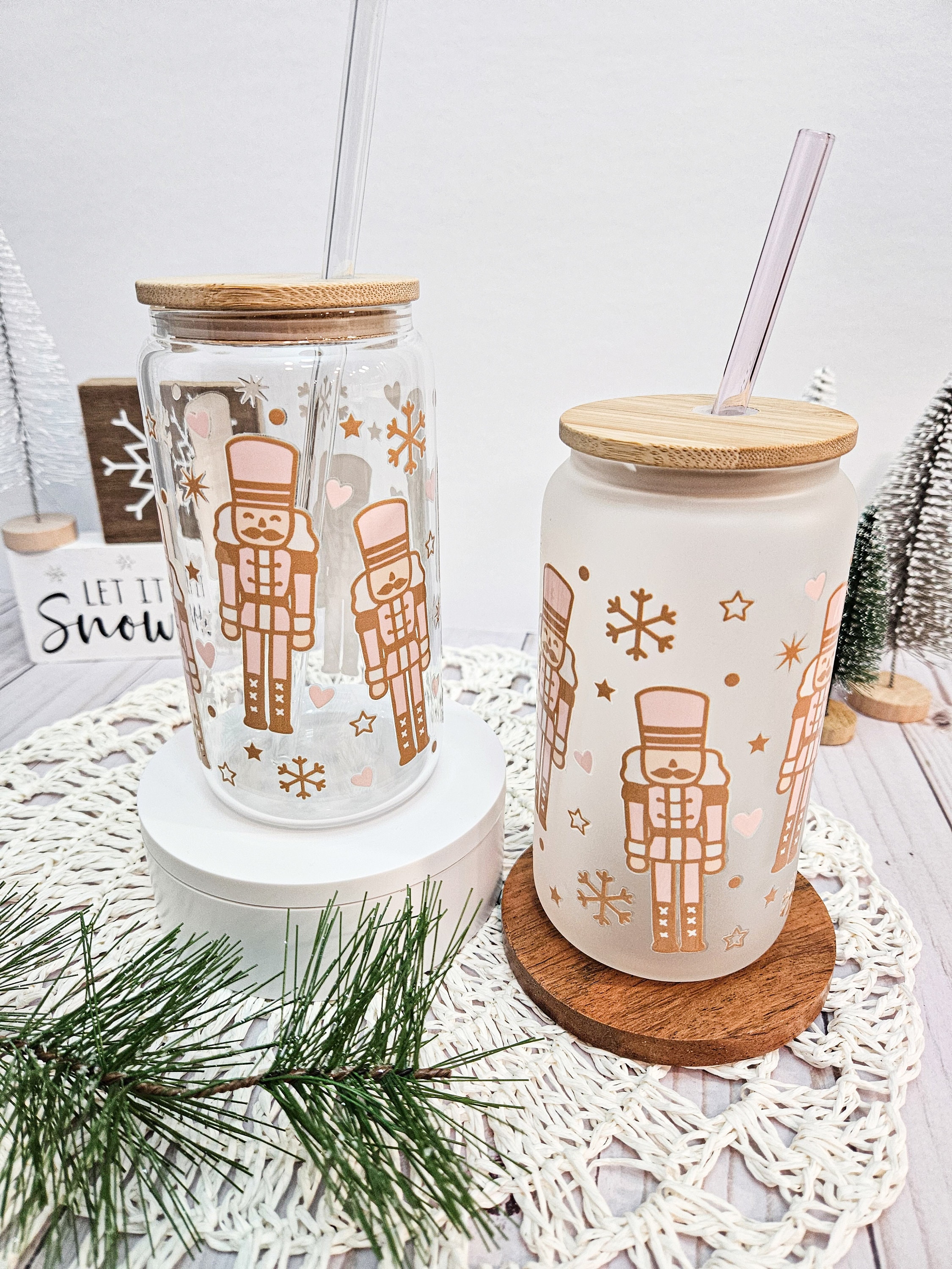 Nutcracker Glass Cup, Pink Christmas Iced Coffee Mug, 16 oz Can Shaped Glass, Festive Holiday Glassware, Snowflake, Trendy Gift for Exchange